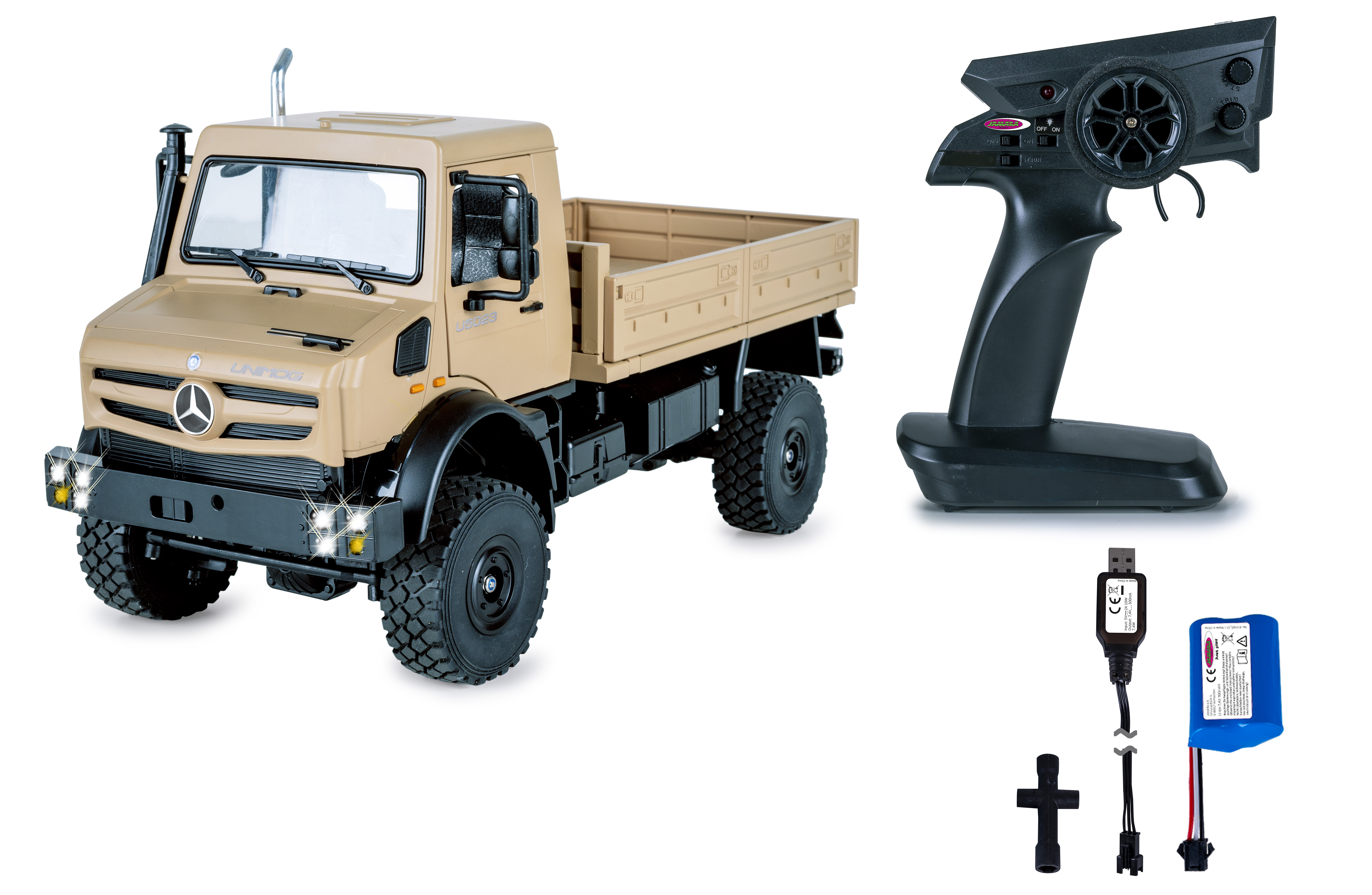 Ein beigefarbener ferngesteuerter LKW mit Fernbedienung, USB-Ladegerät und Akku.