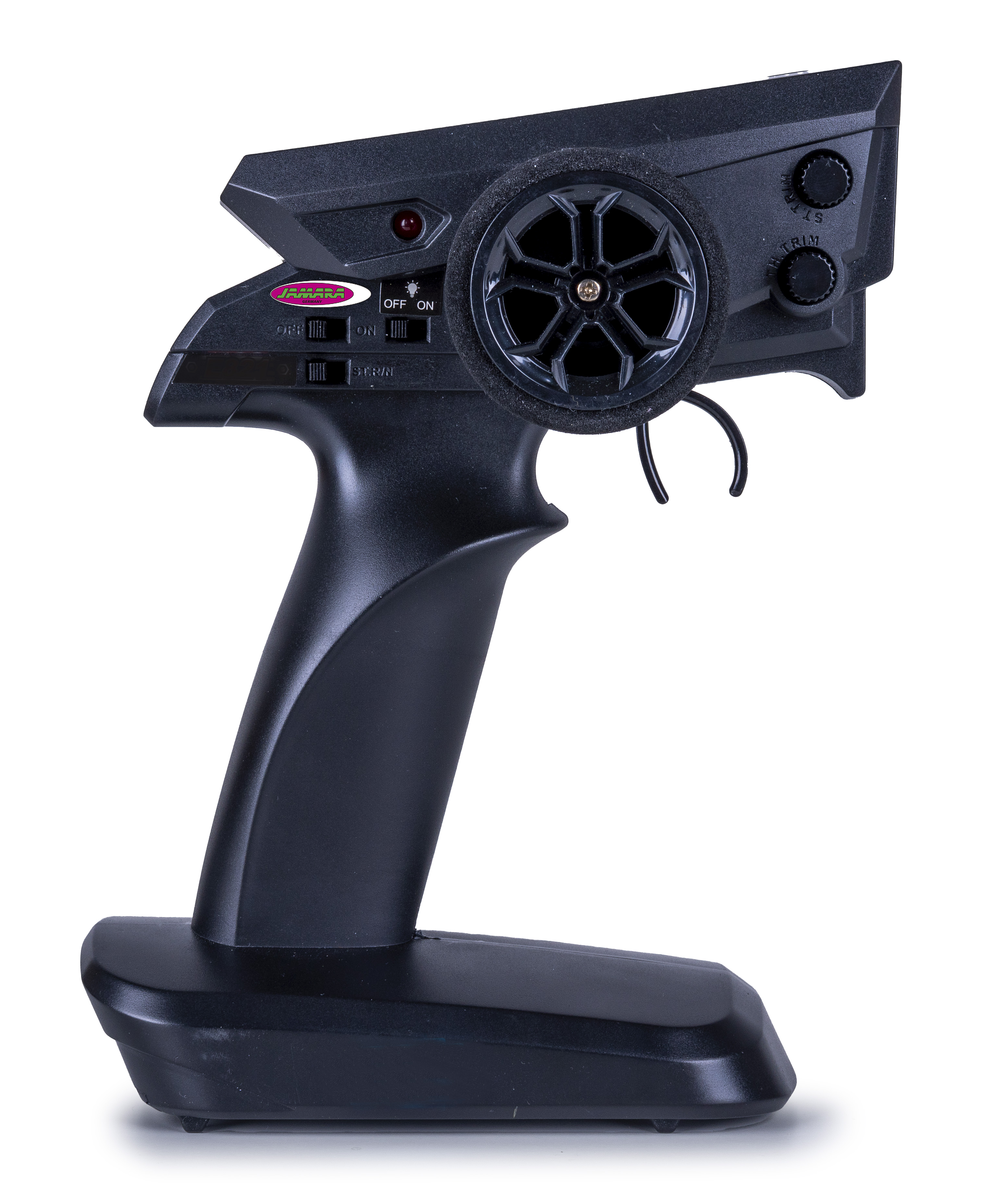 Schwarzer RC-Sender mit Rad, Trigger, Schaltern und Jamara-Logo.