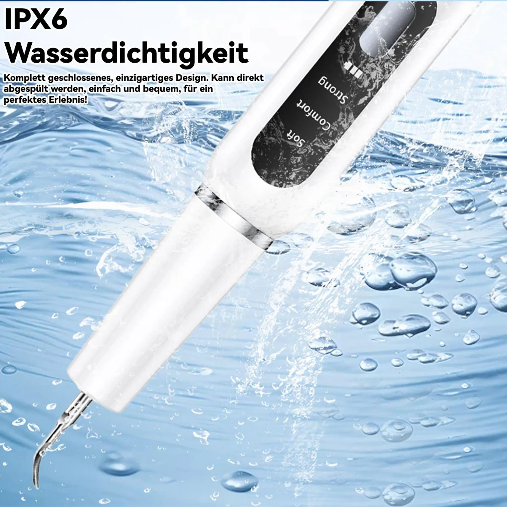 Ein weißes, wasserdichtes Gerät mit Metallspitze in sprudelndem Wasser.