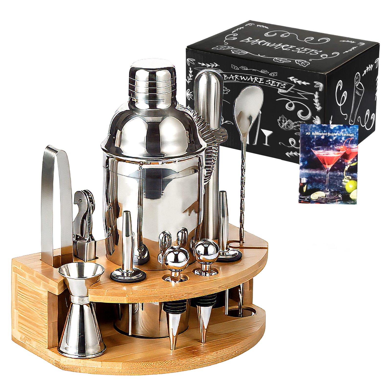 Ein silbernes Barset mit einem Shaker, Zangen, Löffel und Flaschenverschlüssen auf einem Holzständer.