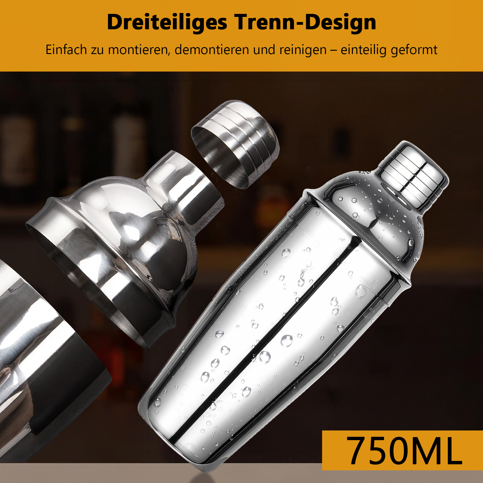 Ein glänzender Edelstahl-Cocktailshaker mit drei Teilen und Wassertropfen.