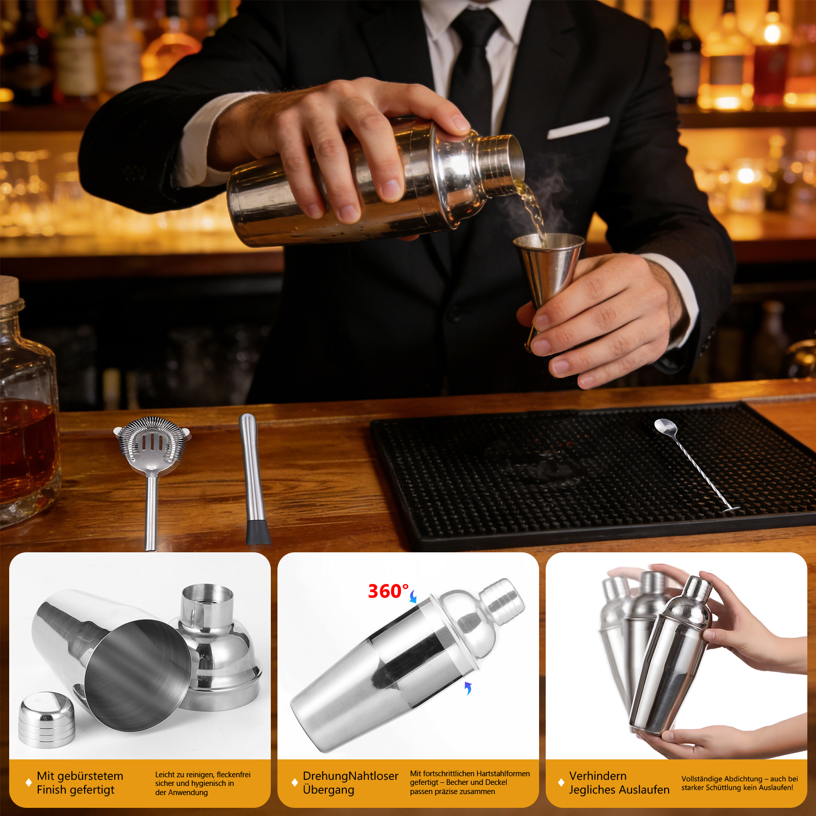 Barkeeper gießt Flüssigkeit aus einem Cocktailshaker in einen Messbecher. Bar-Zubehör.