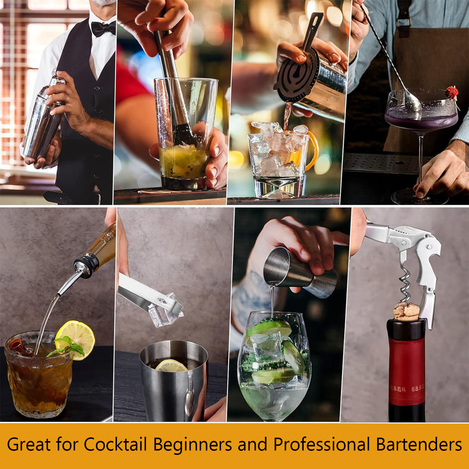 Collage von Cocktail-Zubereitungsszenen mit Werkzeugen.