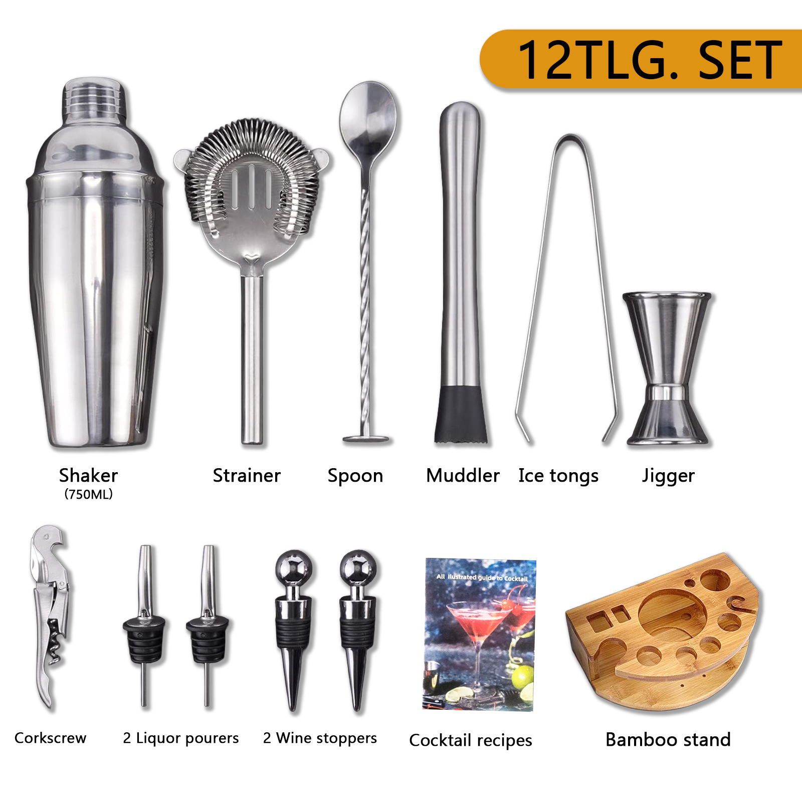 Ein Set mit 12 Cocktail-Zubehörteilen aus Metall und Holz, darunter ein Shaker, Sieb, Löffel, Stößel, Zange, Jigger, Korkenzieher, Ausgießer, Stopfen, Buch und Ständer.