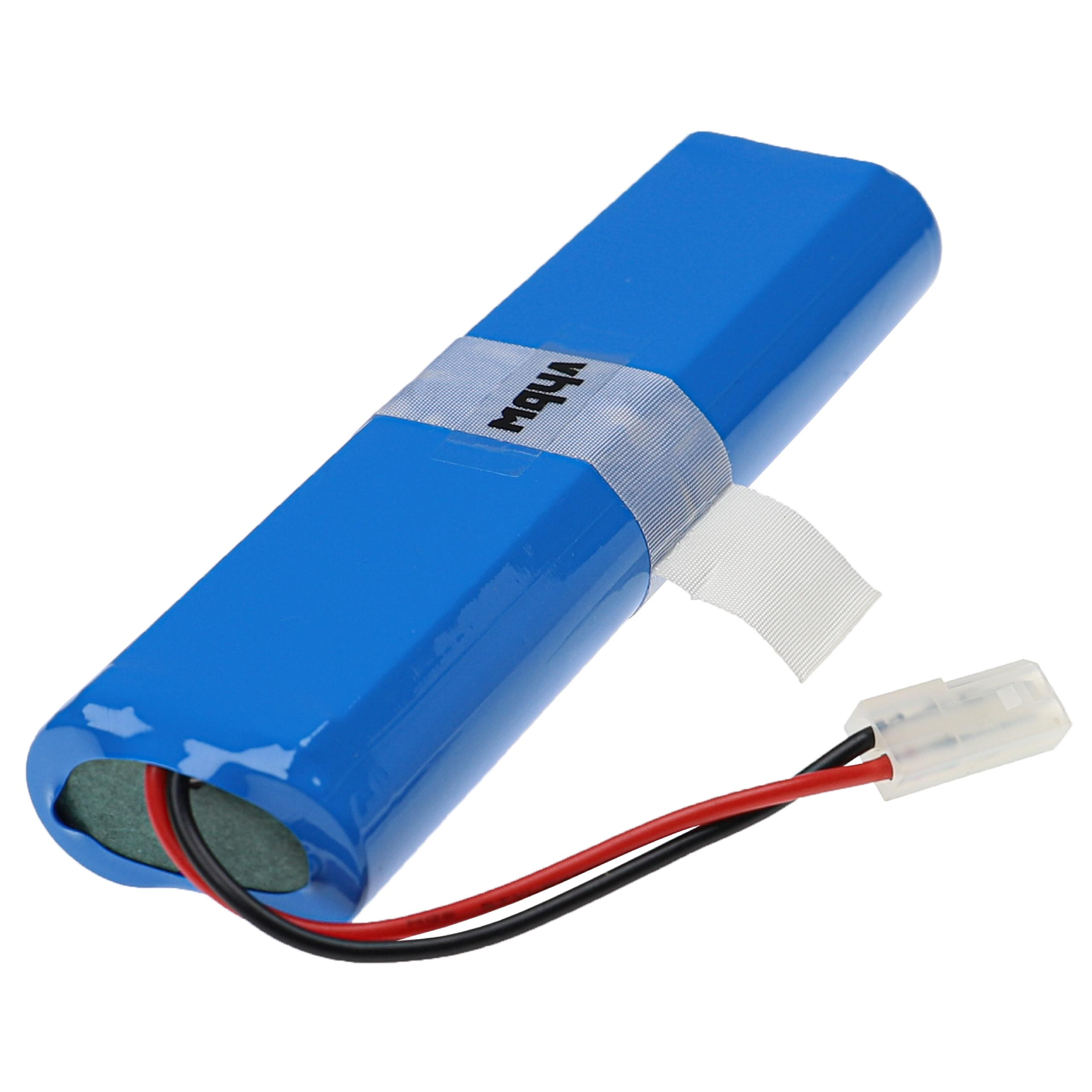 Blauer Akku mit rotem und schwarzem Kabel und weißem Stecker.