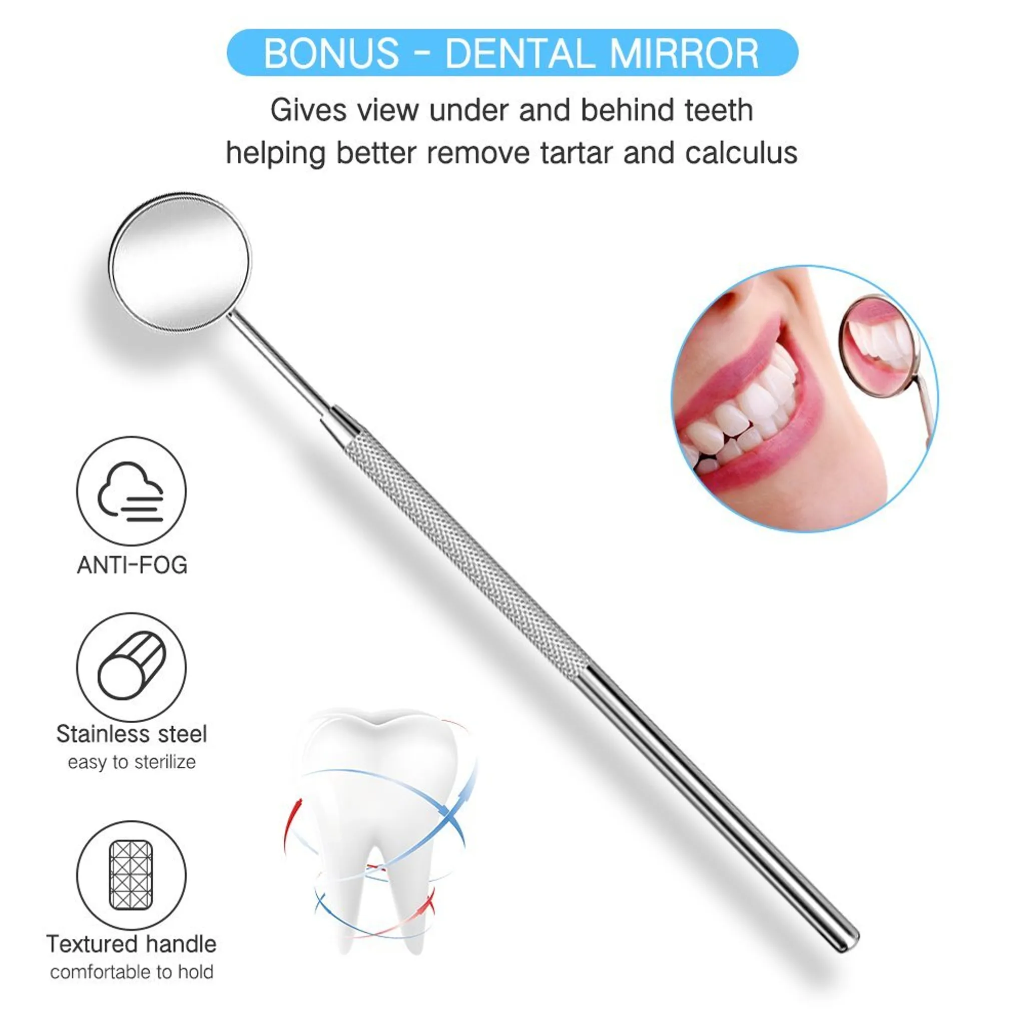 Ein Dentalspiegel mit Anti-Beschlag-, Edelstahl- und texturiertem Griff.