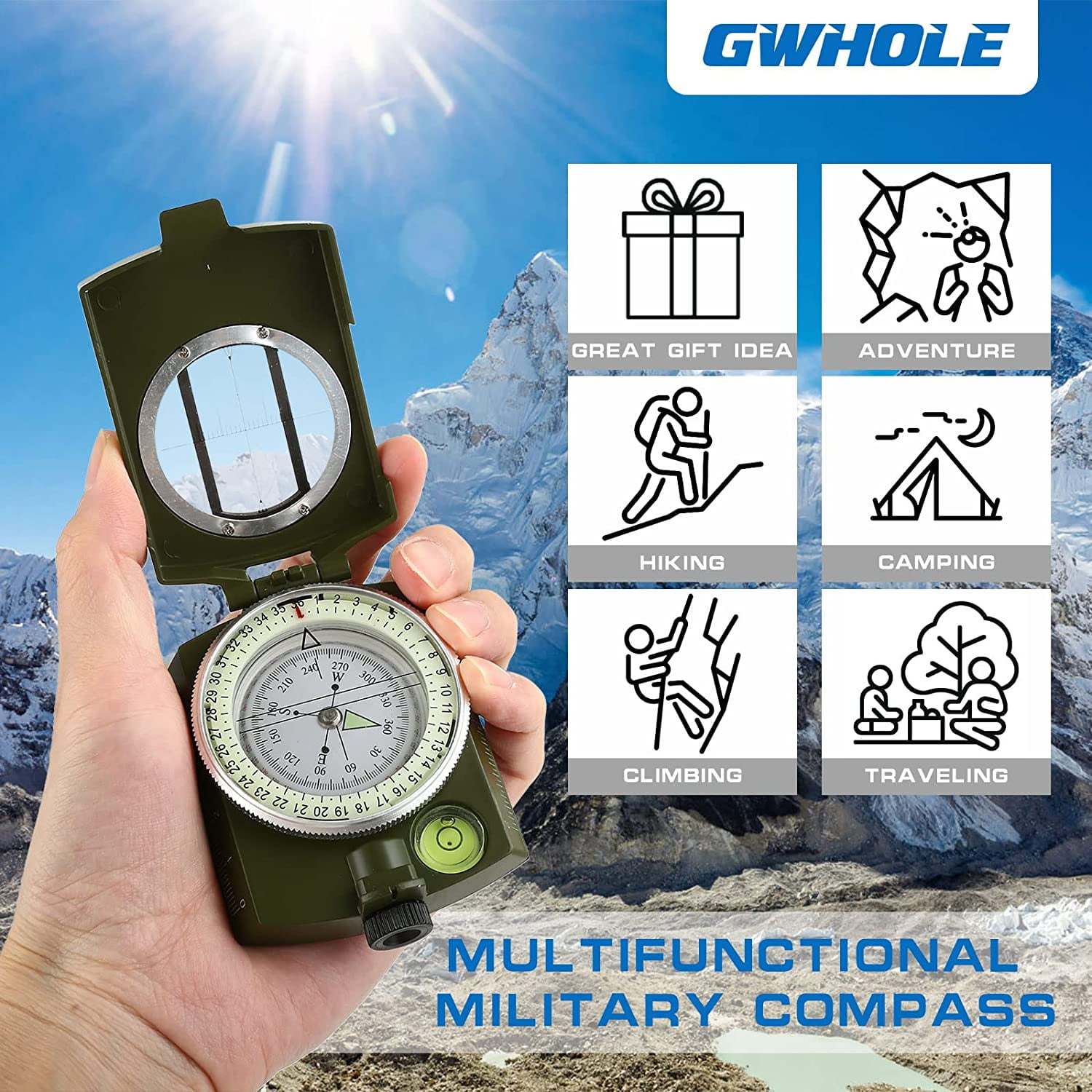 Grüne Militärkompass in Hand vor verschneiten Bergen, mit Icons für Aktivitäten.