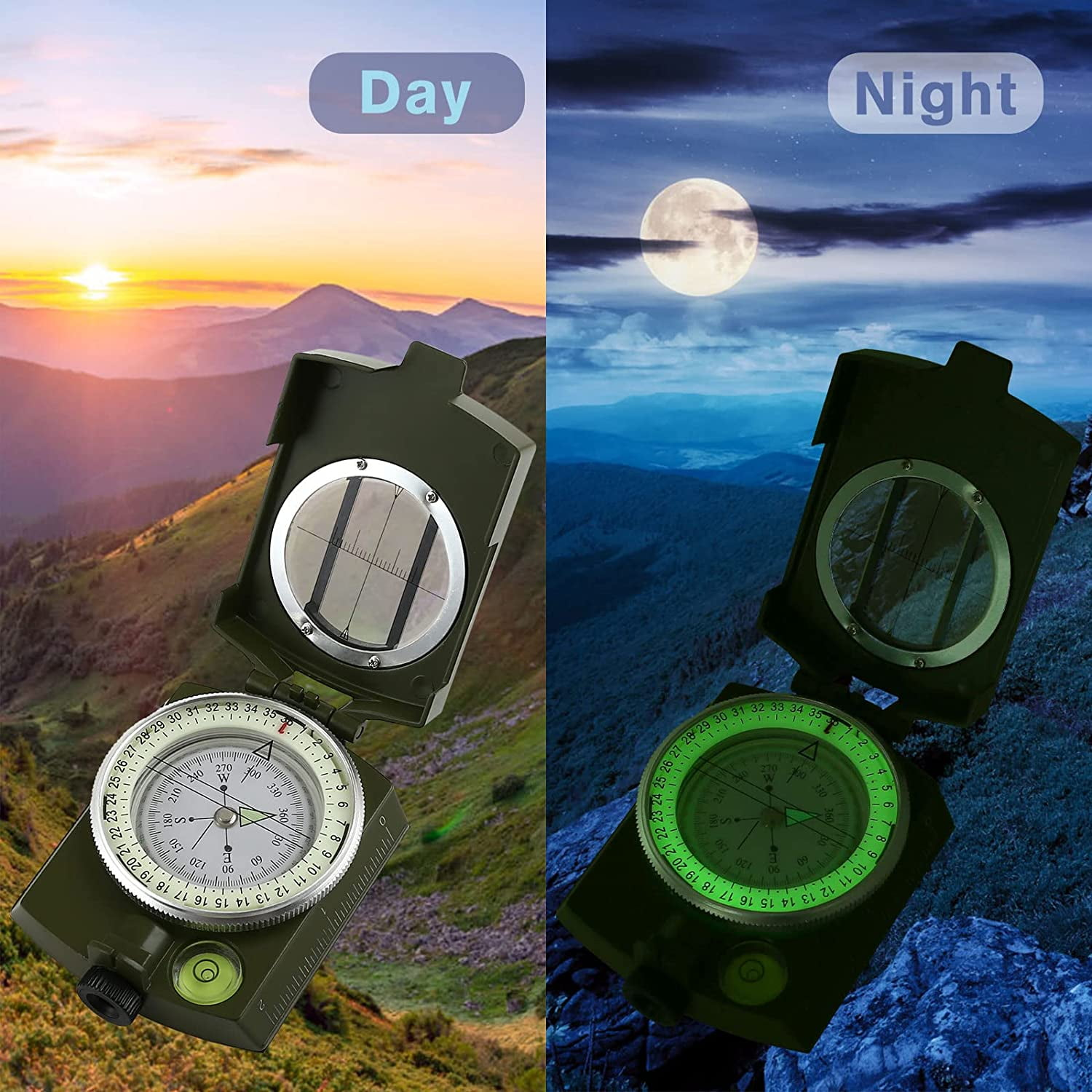 Ein Kompass bei Tag und Nacht in bergiger Landschaft.