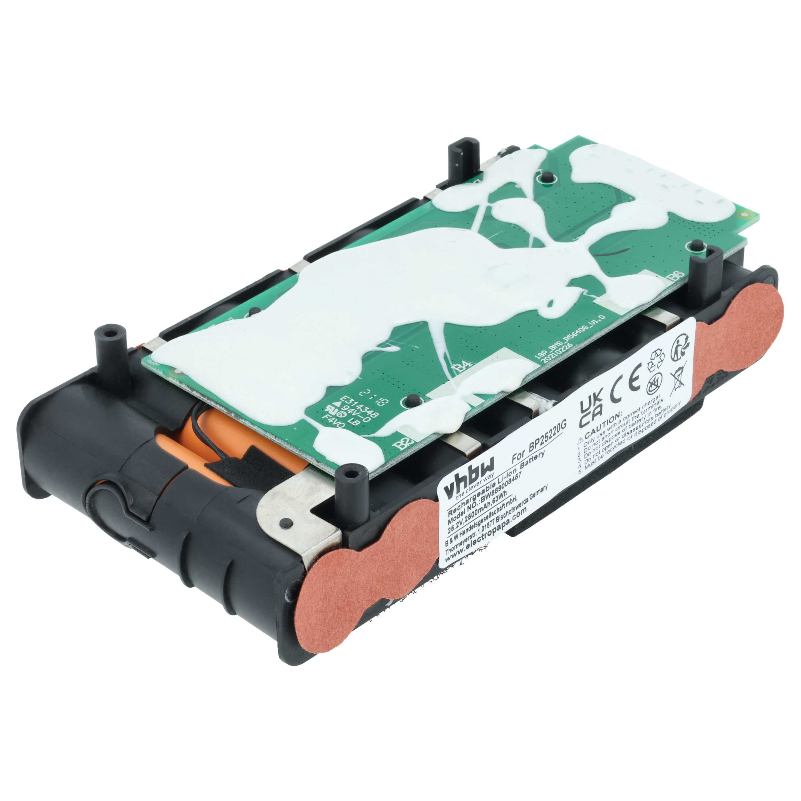 Ein Lithium-Ionen-Akku mit Platine und weißer Beschichtung.