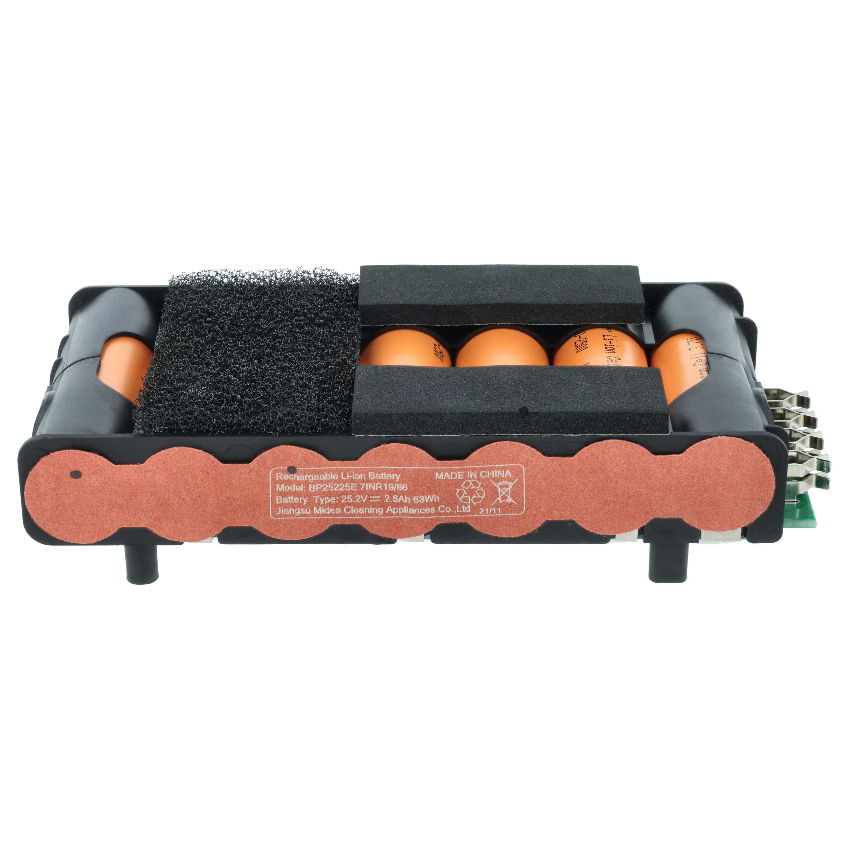Wiederaufladbarer Li-Ion-Akku mit orangen Zellen, schwarzem Schaumstoff und Etikett.