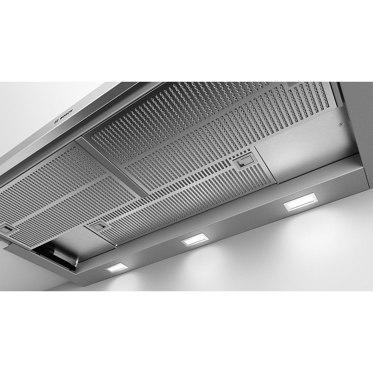 RVS afzuigkap met geperforeerde ventilatieopeningen en vier ingebouwde LED-lampen.