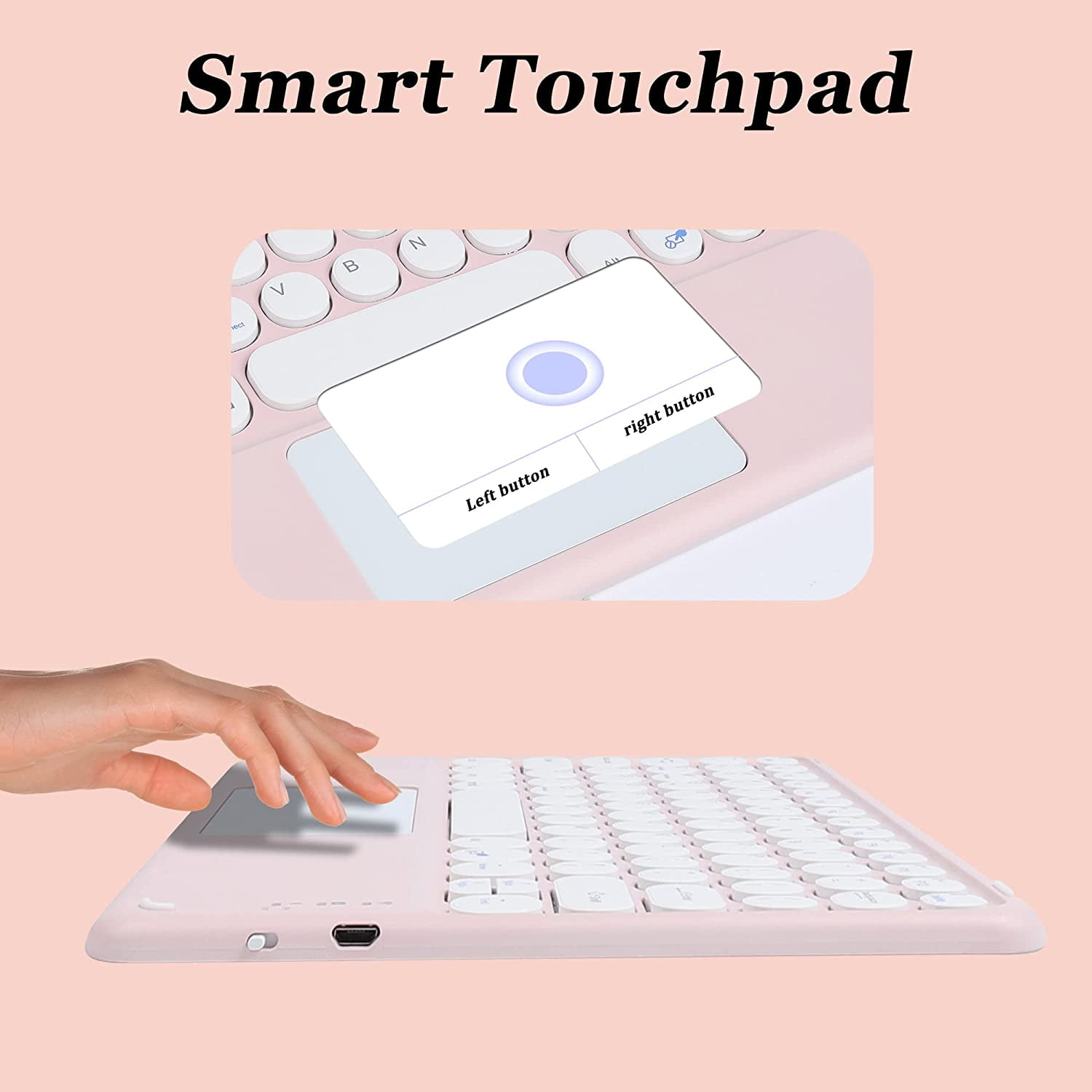 Eine Hand benutzt ein rosa Touchpad und eine Tastatur. Ein Detail zeigt das Touchpad.