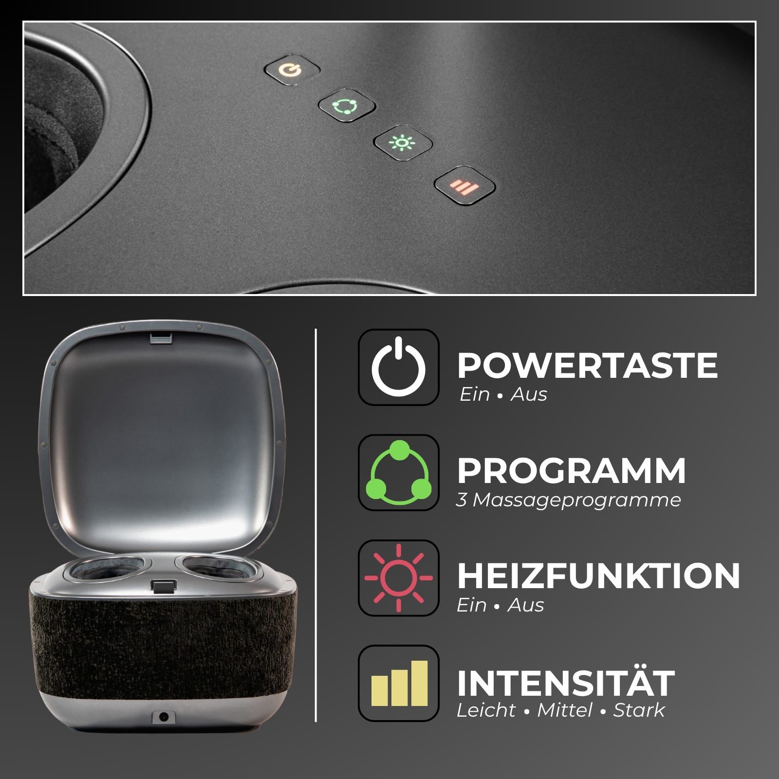 Ein Fußmassagegerät mit geöffnetem Deckel und Bedienfeld mit Symbolen für Strom, Programm, Heizfunktion und Intensität.