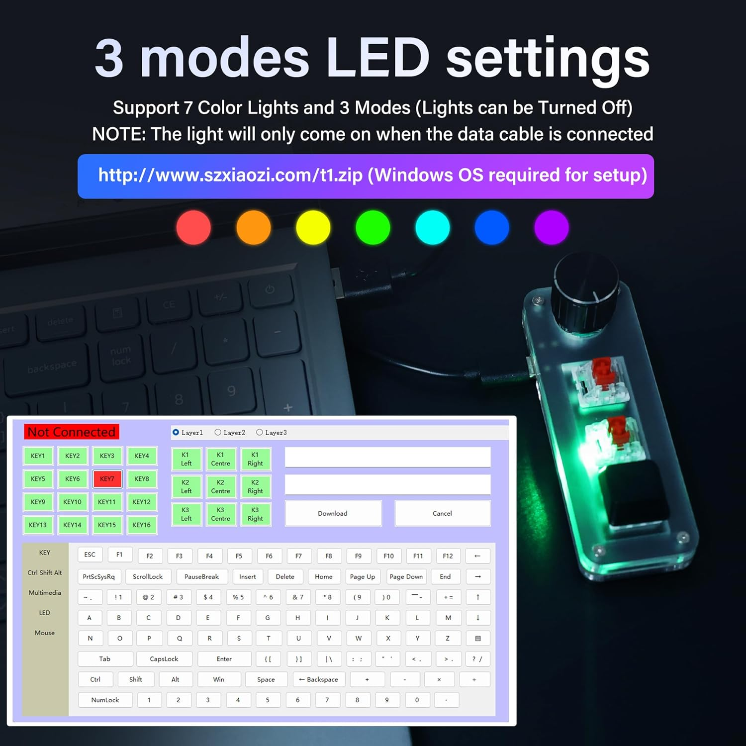 Ein programmierbarer Controller mit Tastatur- und Mauslayout-Optionen und farbiger Beleuchtung.