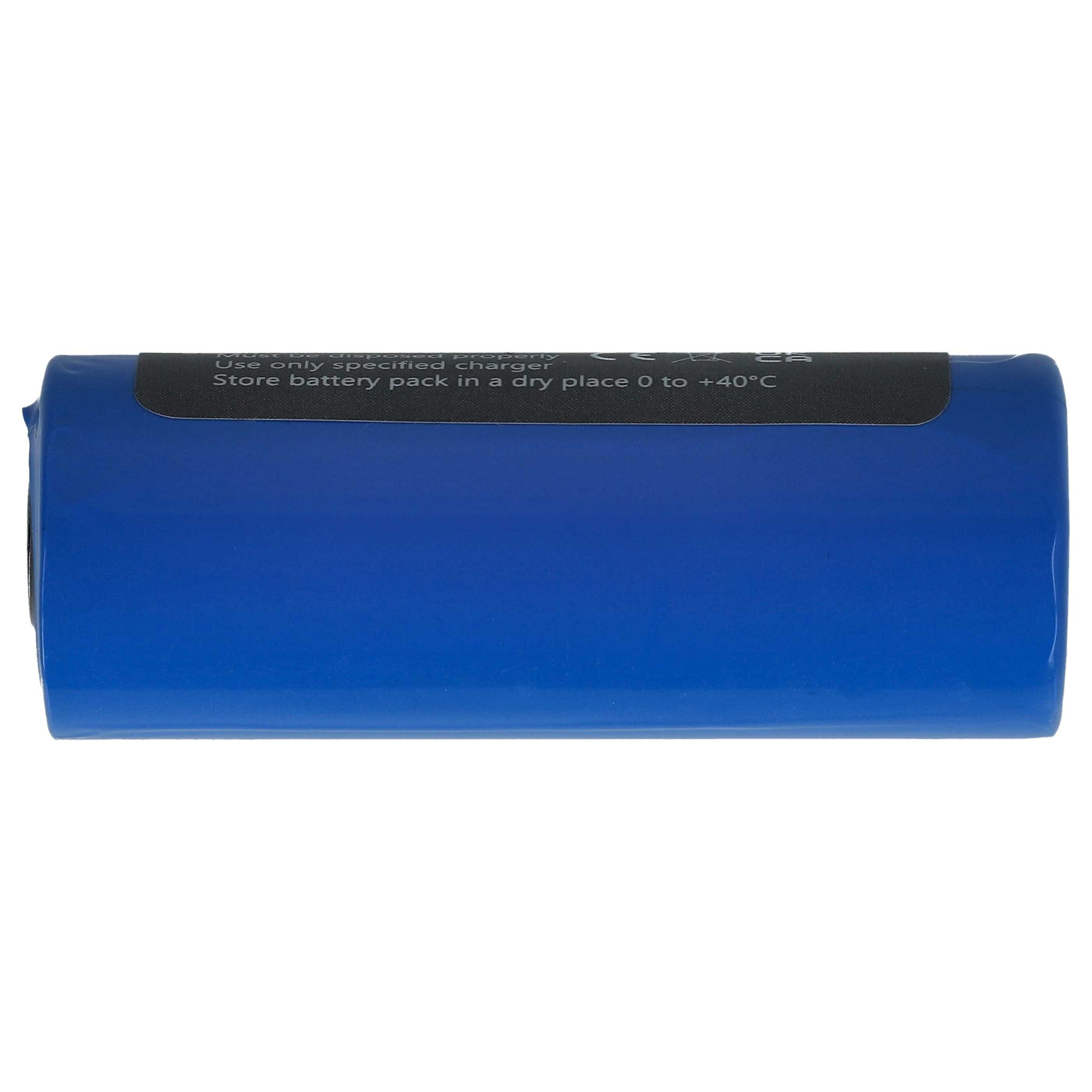 Blauer Akku mit schwarzem Etikett und Warnhinweisen.