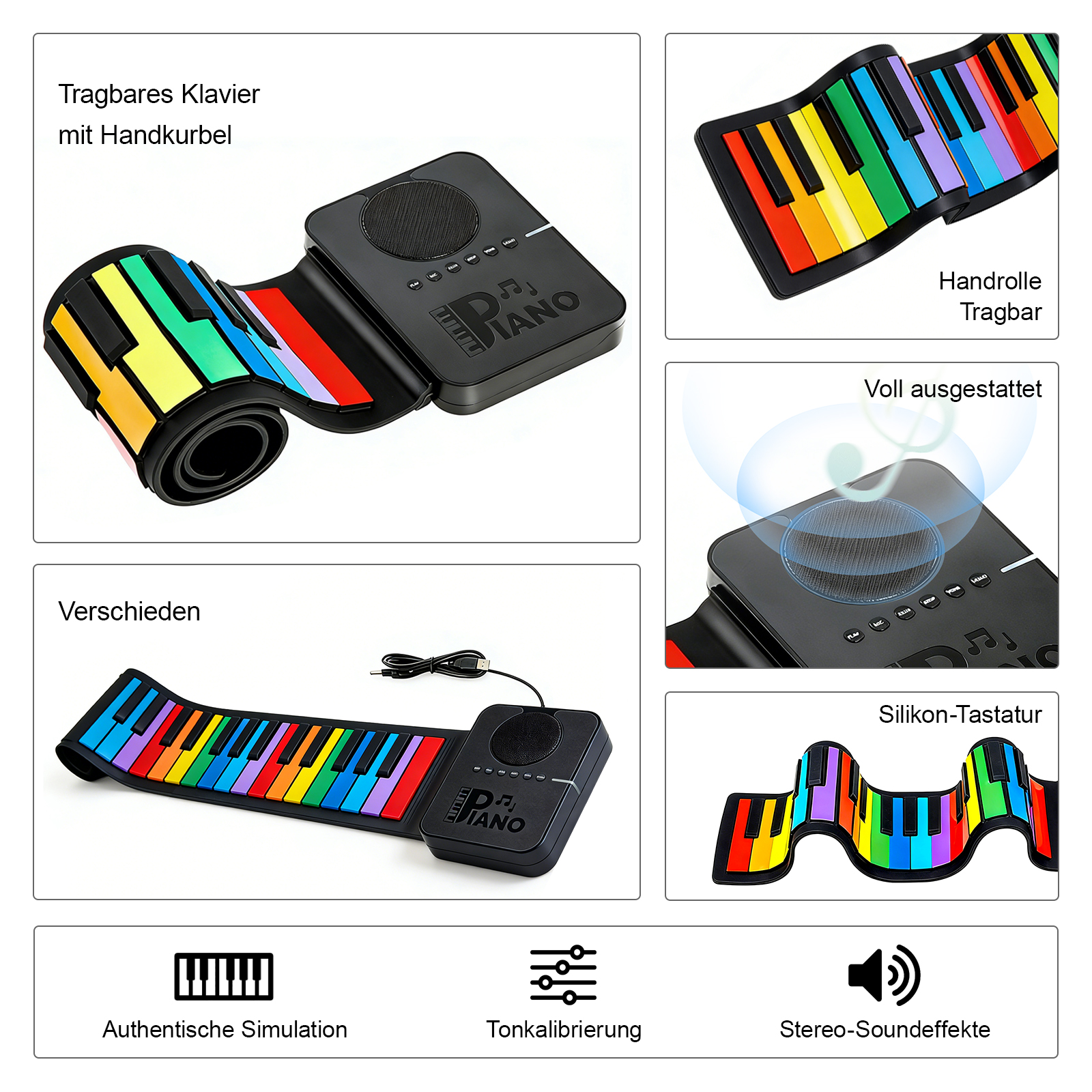 Ein tragbares, rollbares Klavier mit bunten Tasten und schwarzer Steuereinheit.