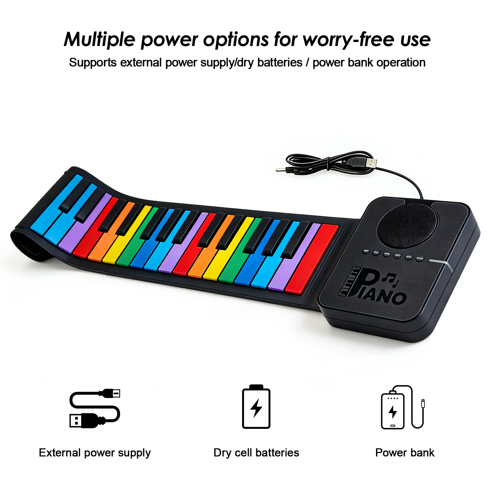 Ein rollbares Keyboard mit bunten Tasten und einem schwarzen Bedienfeld mit Lautsprecher.