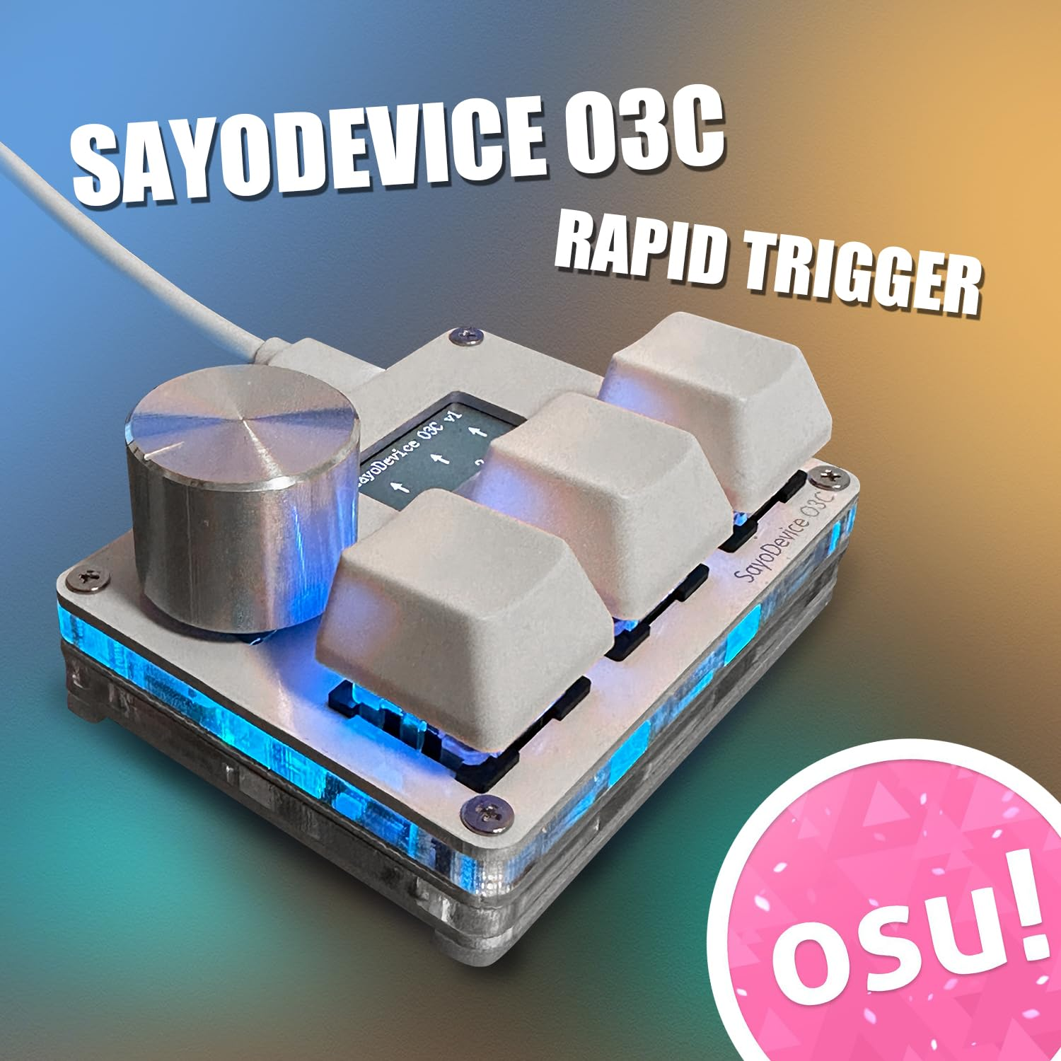 Sayodevice 03C Rapid Trigger mit 3 weißen Tasten, silbernem Knopf und blauen LEDs.