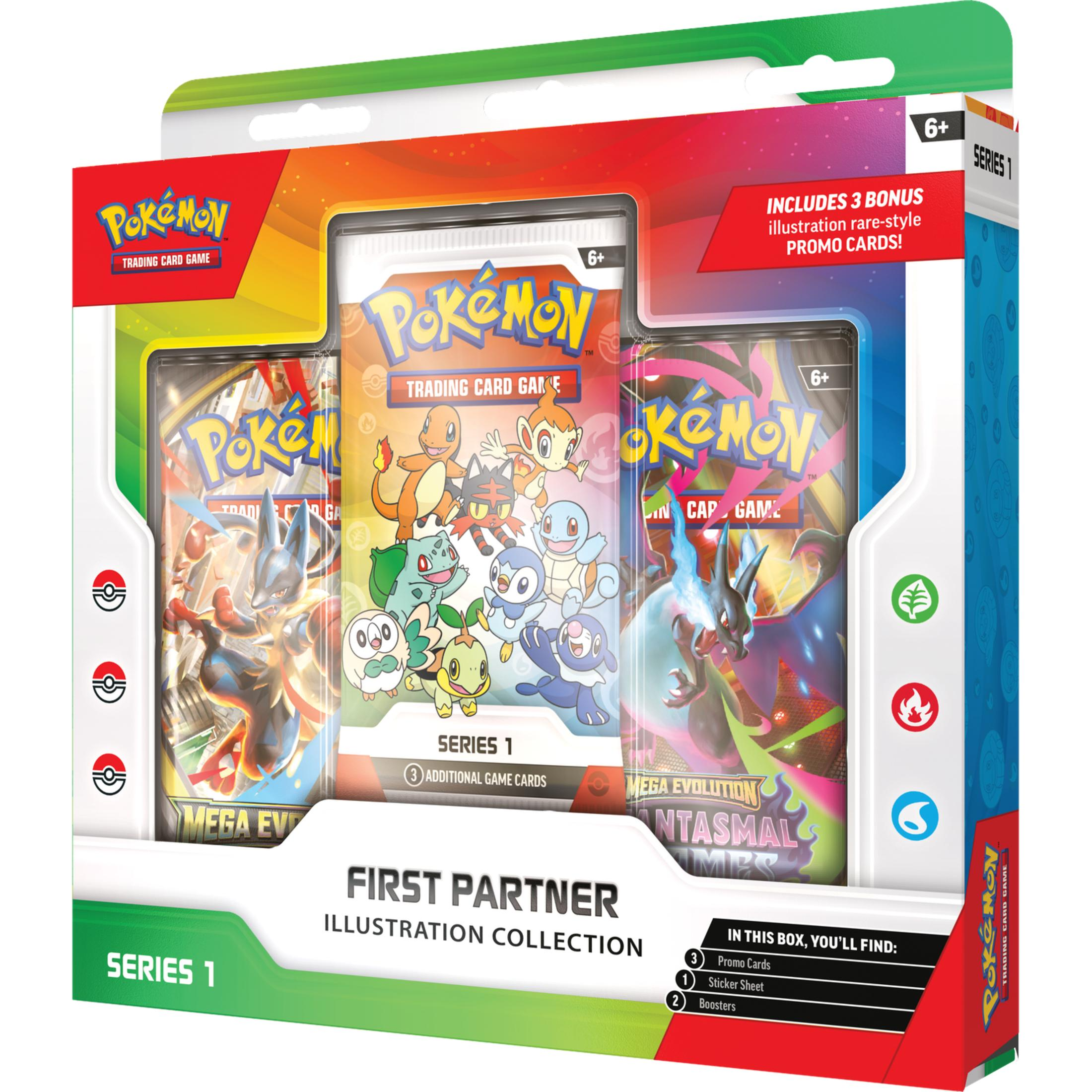 Pokémon First Partner Illustration Collection Box mit 3 Kartenpacks und Promokarten.