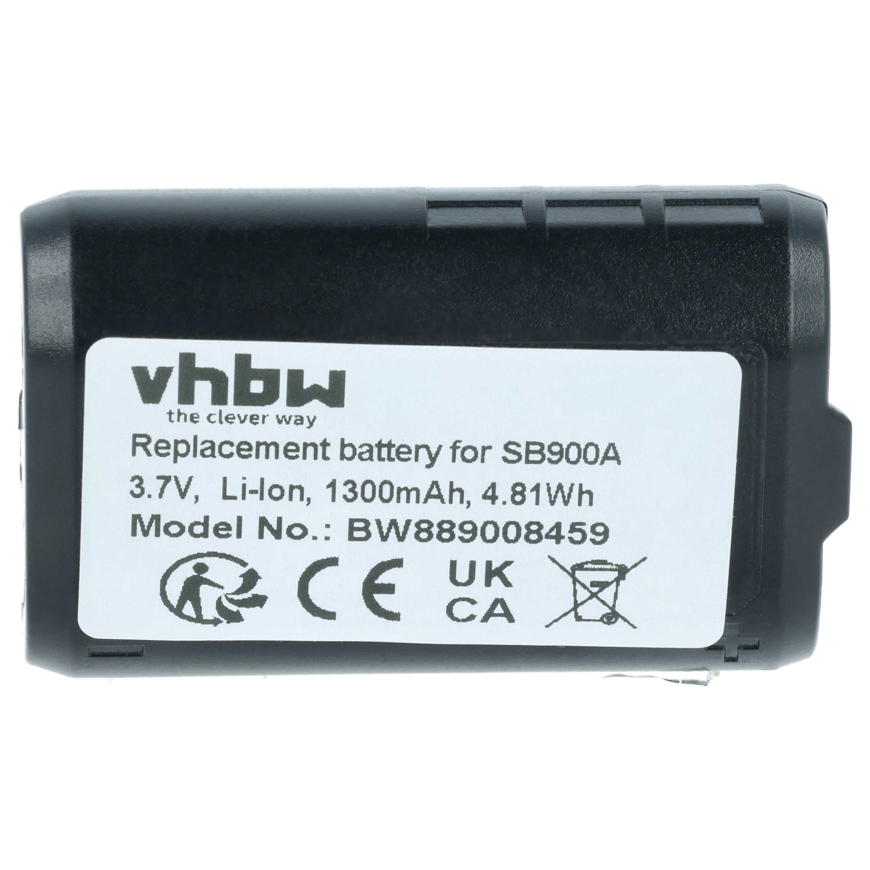 Schwarzer Akku mit weißem Etikett: 3,7V, 1300mAh, für SB900A.