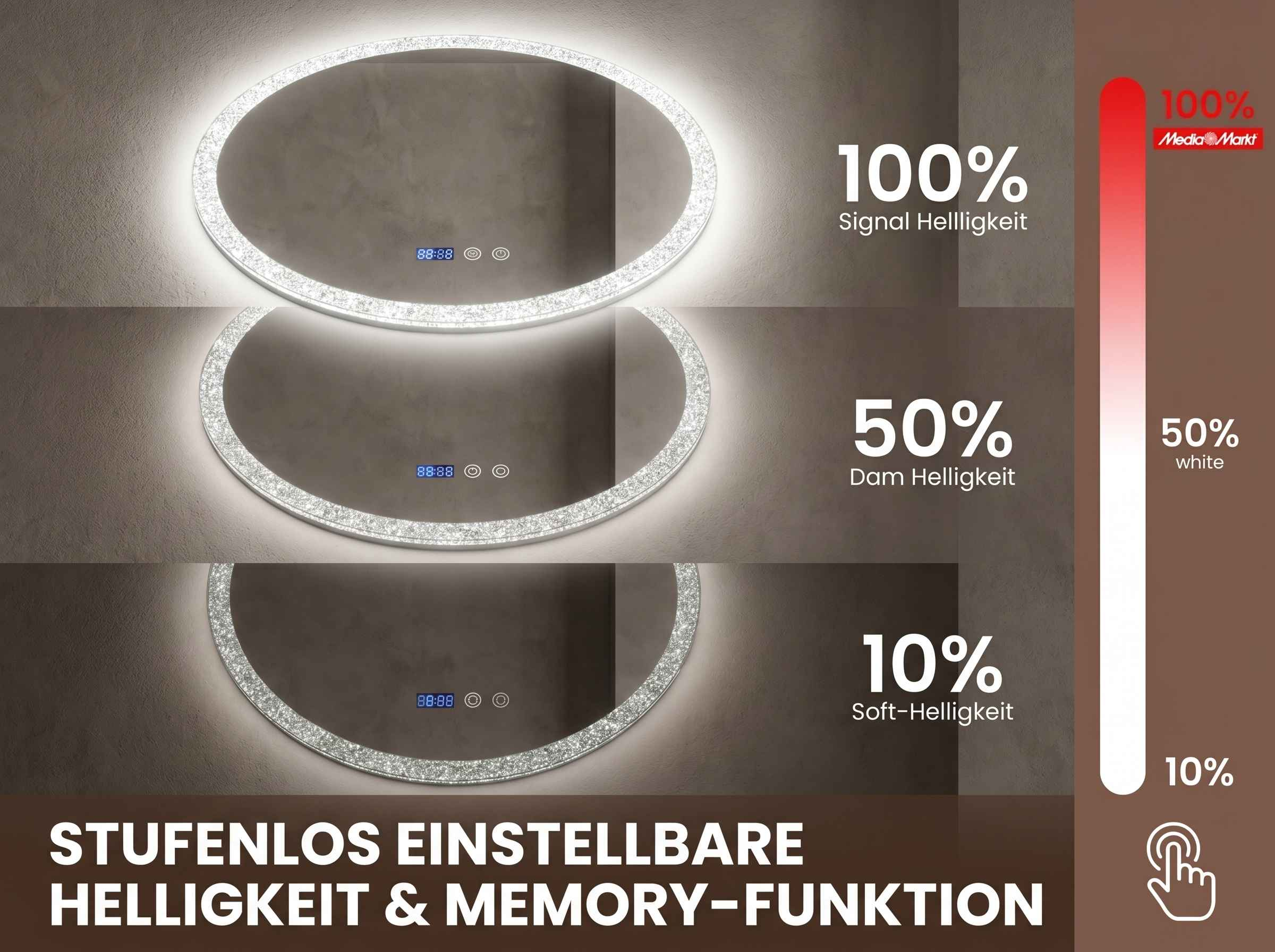 Ovaler Spiegel mit LED-Beleuchtung zeigt 3 Helligkeitsstufen: 100%, 50%, 10%.
