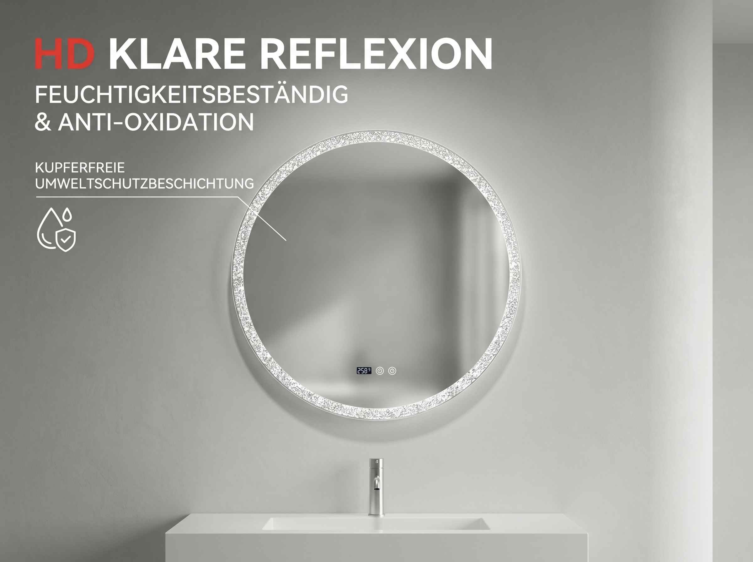 Ein runder Spiegel mit LED-Beleuchtung und digitaler Anzeige über einem Waschbecken.