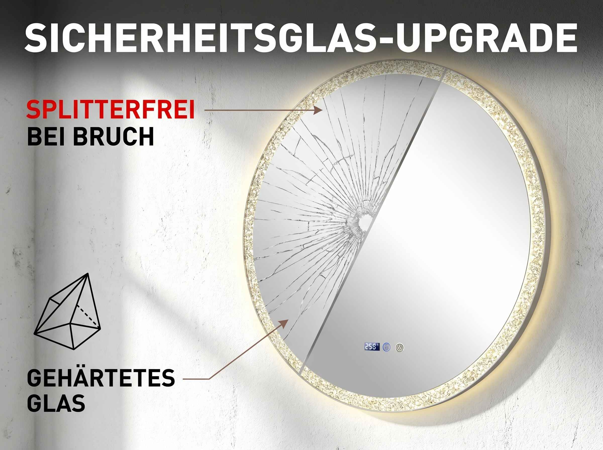 Ein runder Spiegel mit zerbrochenem Glas, beleuchtetem Rand und digitaler Anzeige.