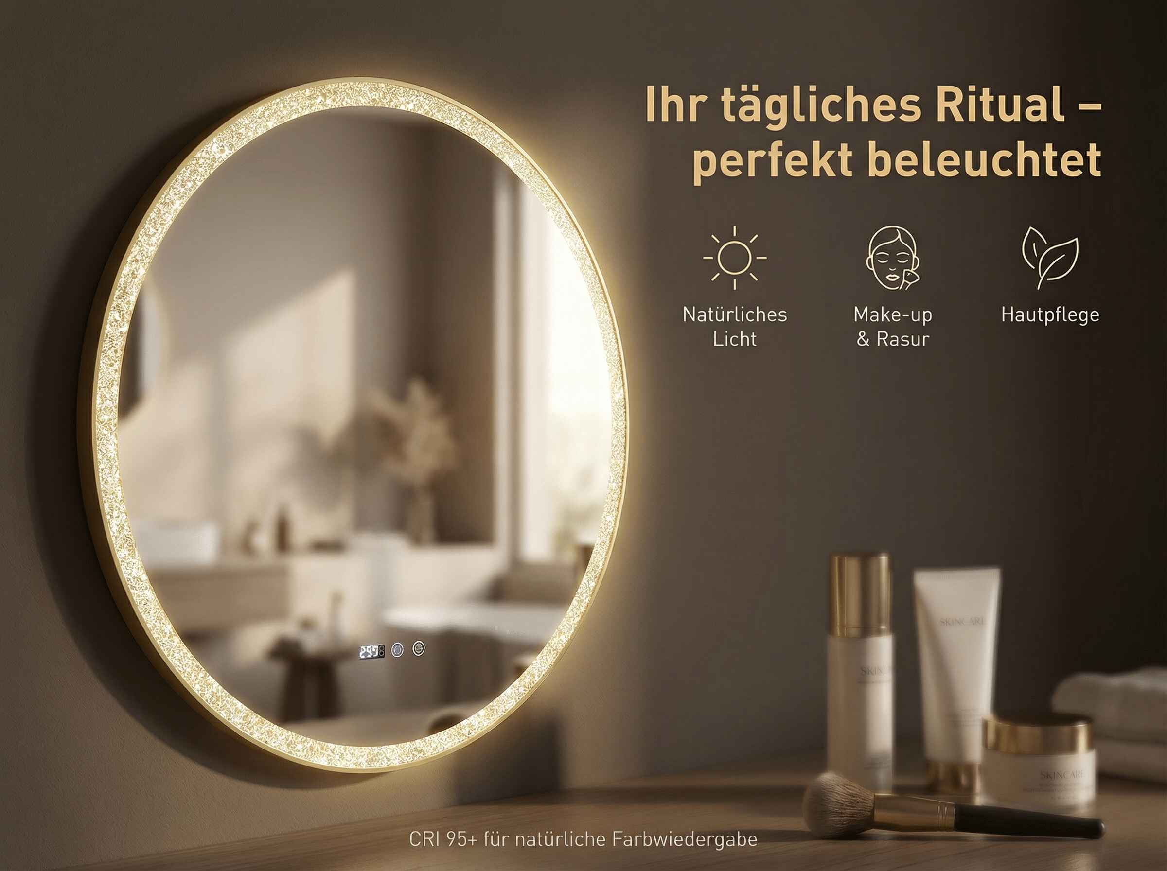 Ein runder Spiegel mit Beleuchtung und Kosmetikprodukten.