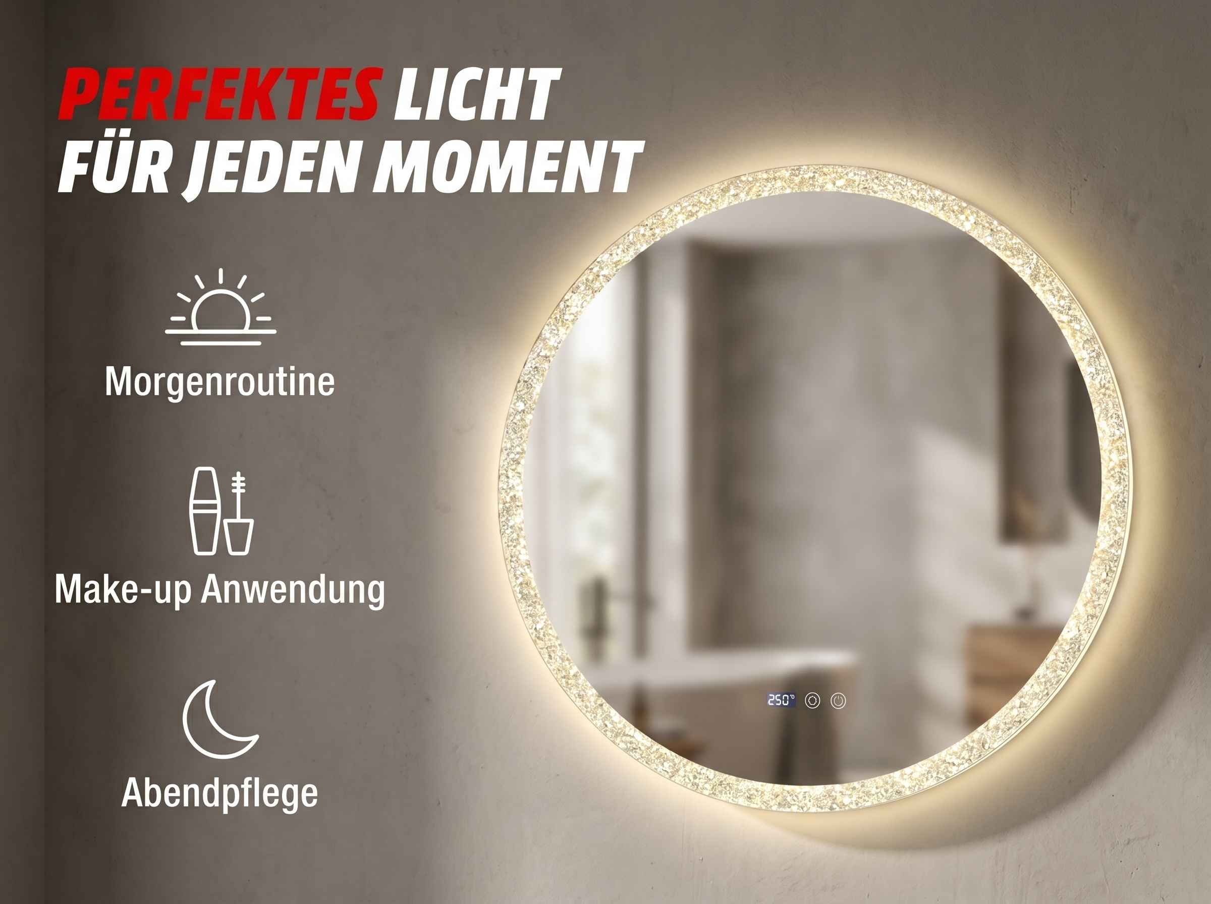 Ein runder Spiegel mit Beleuchtung, dekoriert mit Kristallen. Links sind Icons für Morgenroutine, Make-up und Abendpflege.
