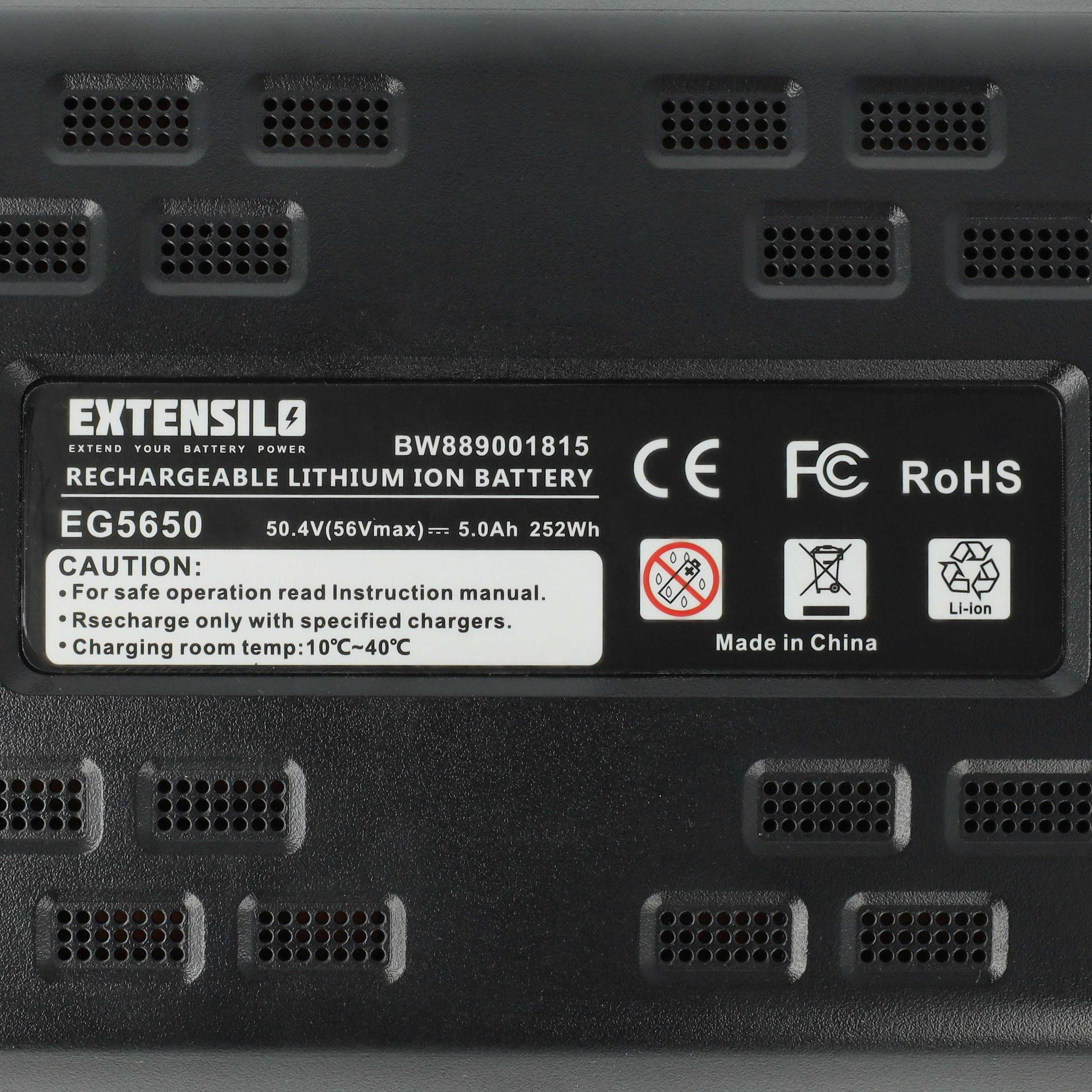 Schwarzer Akku mit CE, FC, RoHS-Siegeln. Modell EG5650.