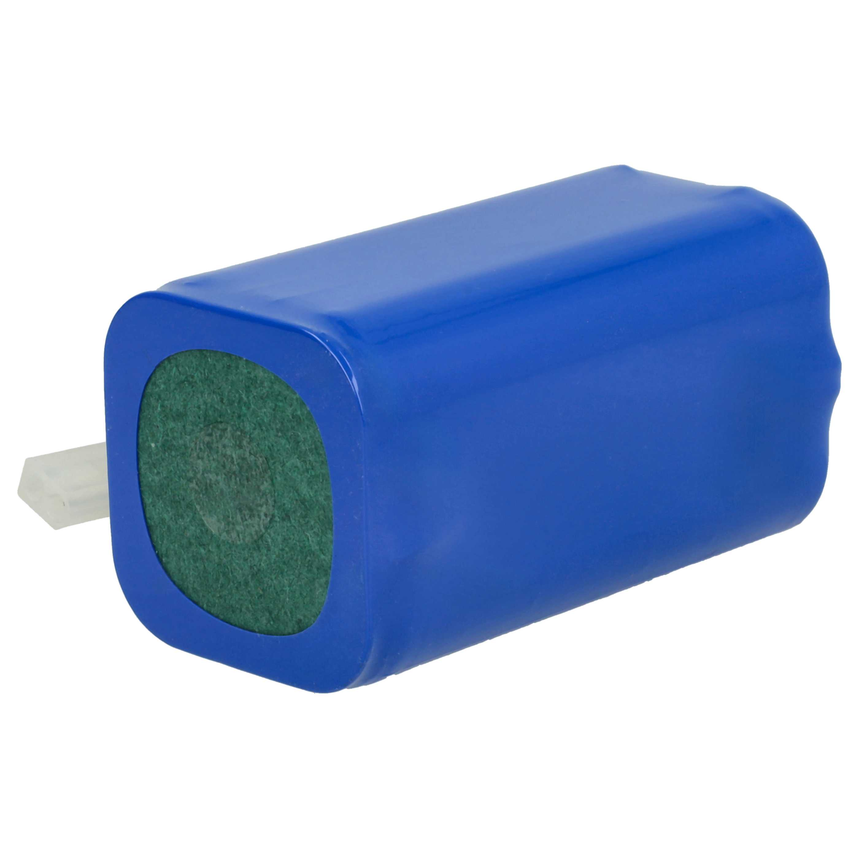 Ein blaues Akkupack mit einem grünen Ende und einem weißen Stecker.