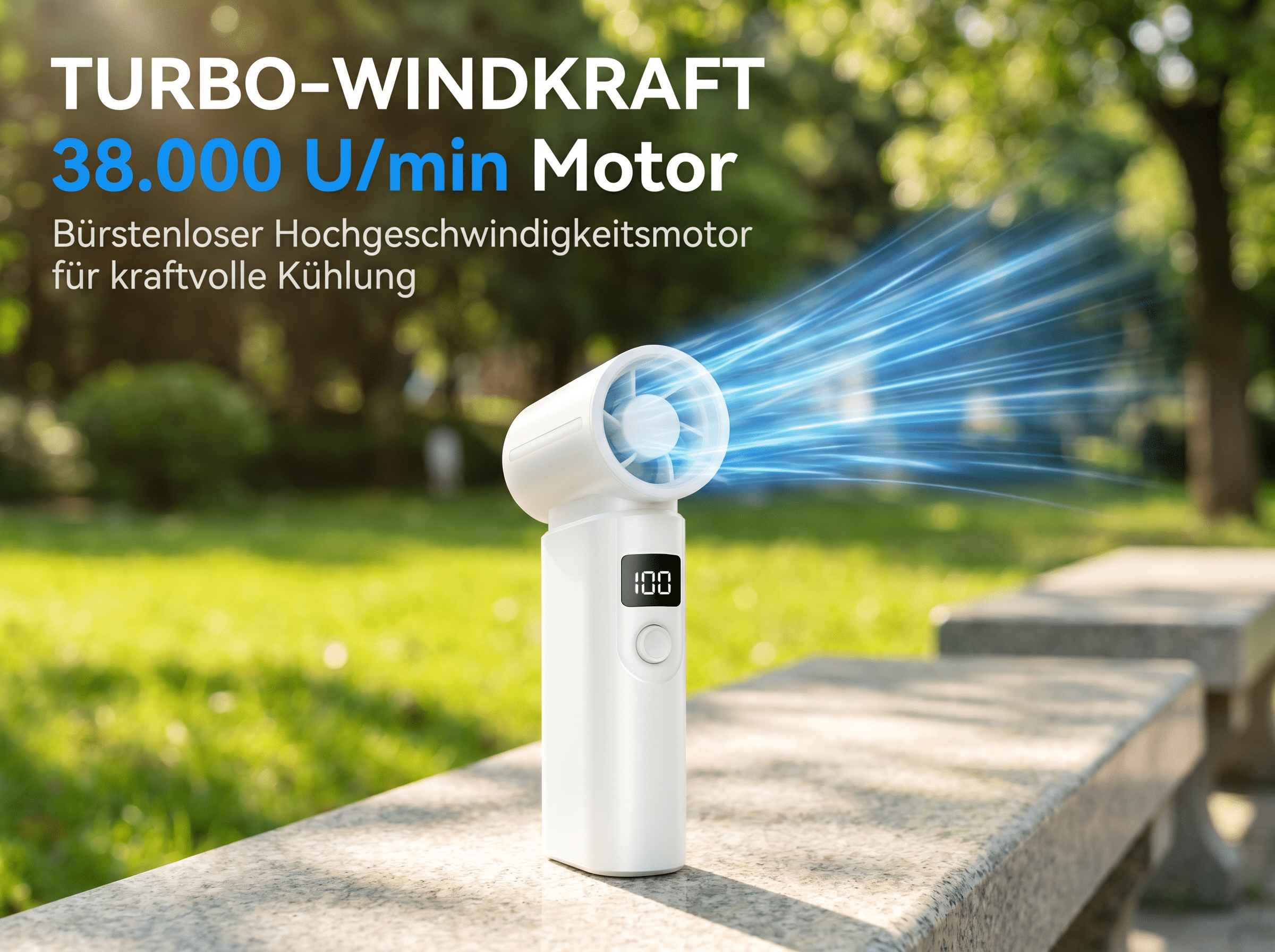 Ein weißer Turboventilator mit 38.000 U/min Motor stößt blaue Luftströme aus.