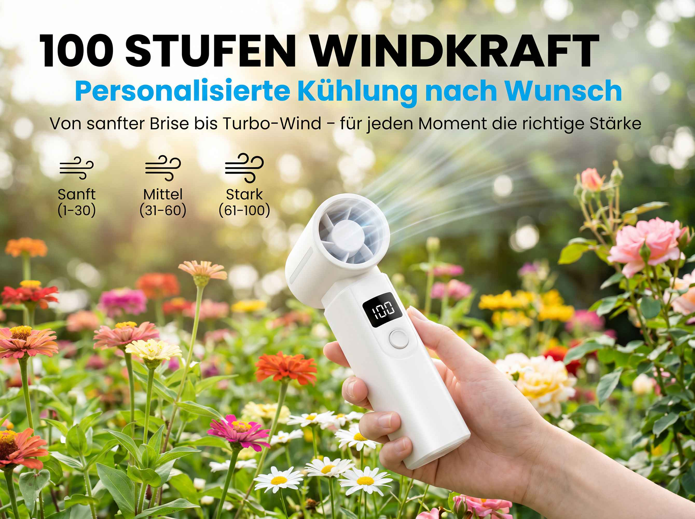 Ein weißer Handventilator mit digitaler Anzeige (100) in einer Blumenwiese.
