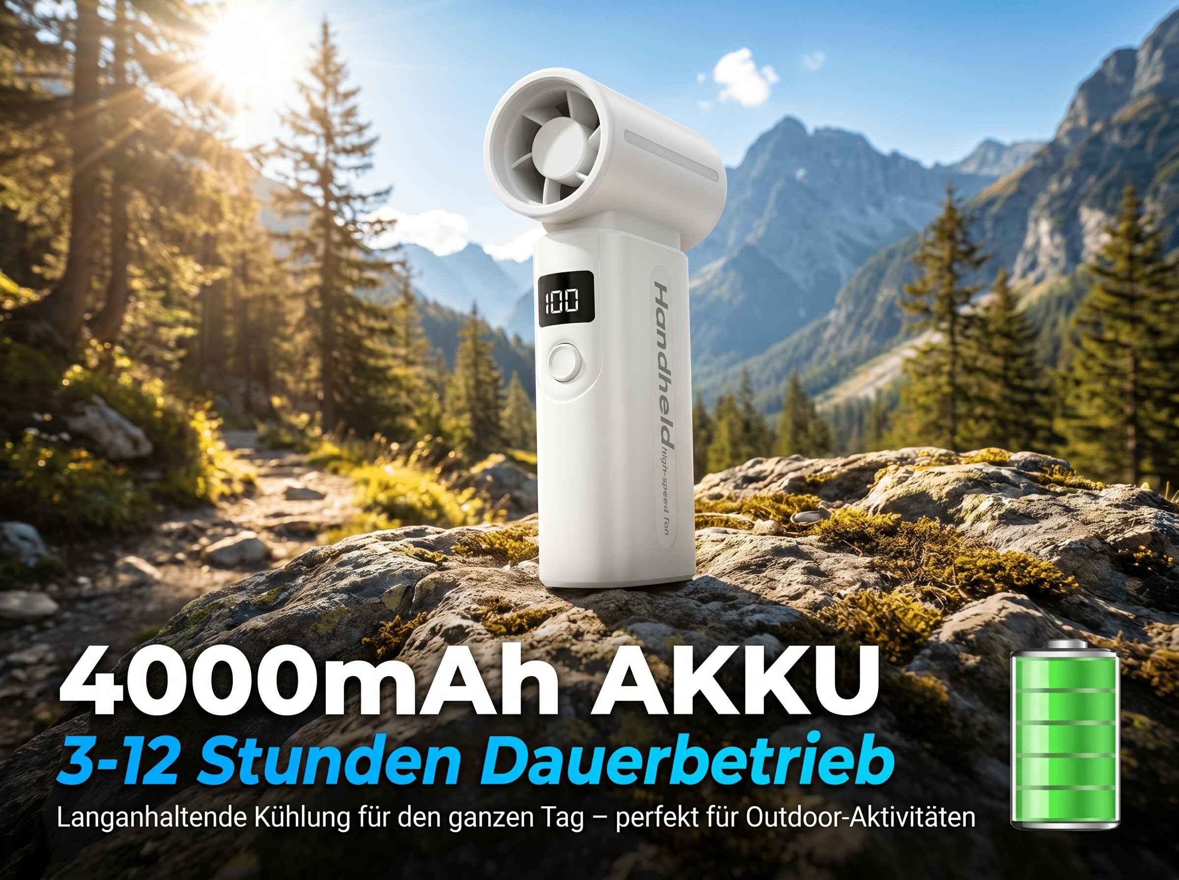 Ein weißer Handventilator steht auf Felsen im Gebirge. Der Bildschirm zeigt 100.