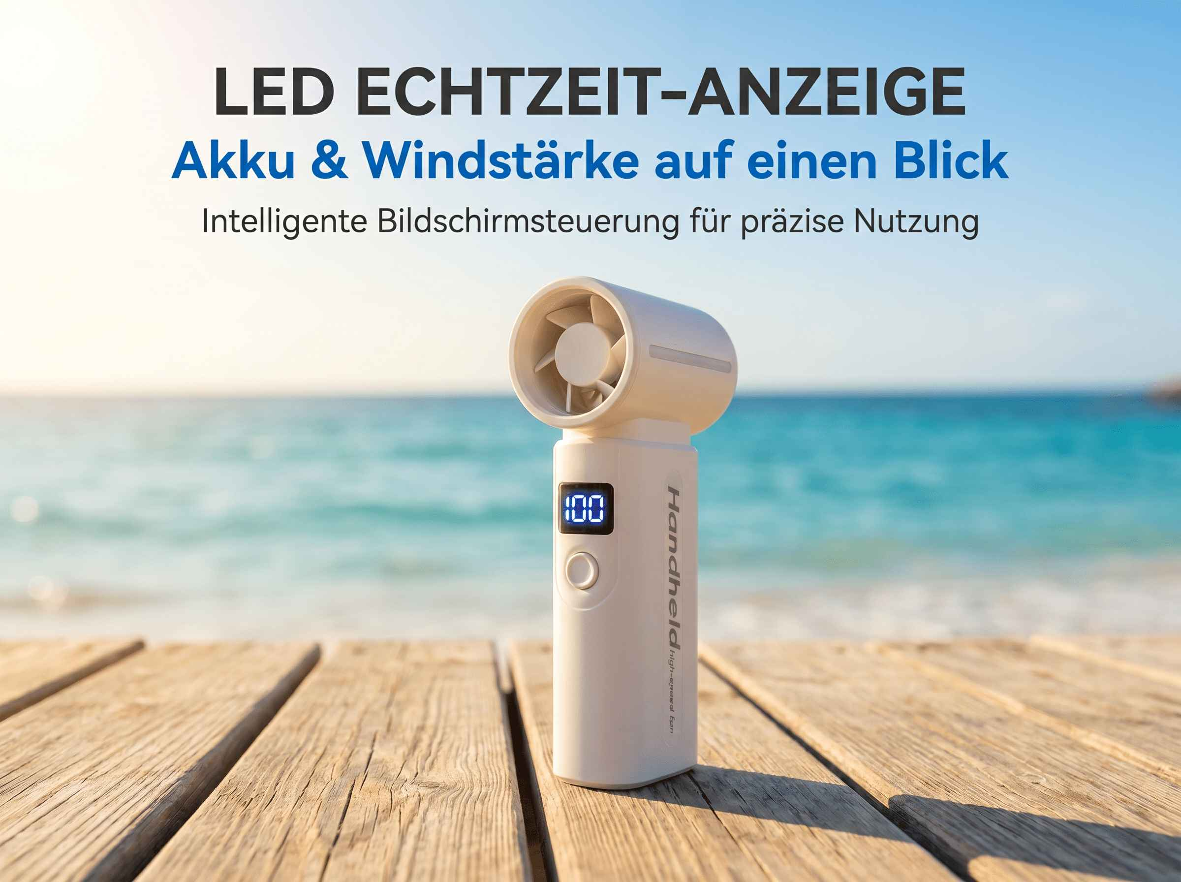 Ein weißer Ventilator mit LED-Anzeige 100 steht auf Holzplanken am Strand.
