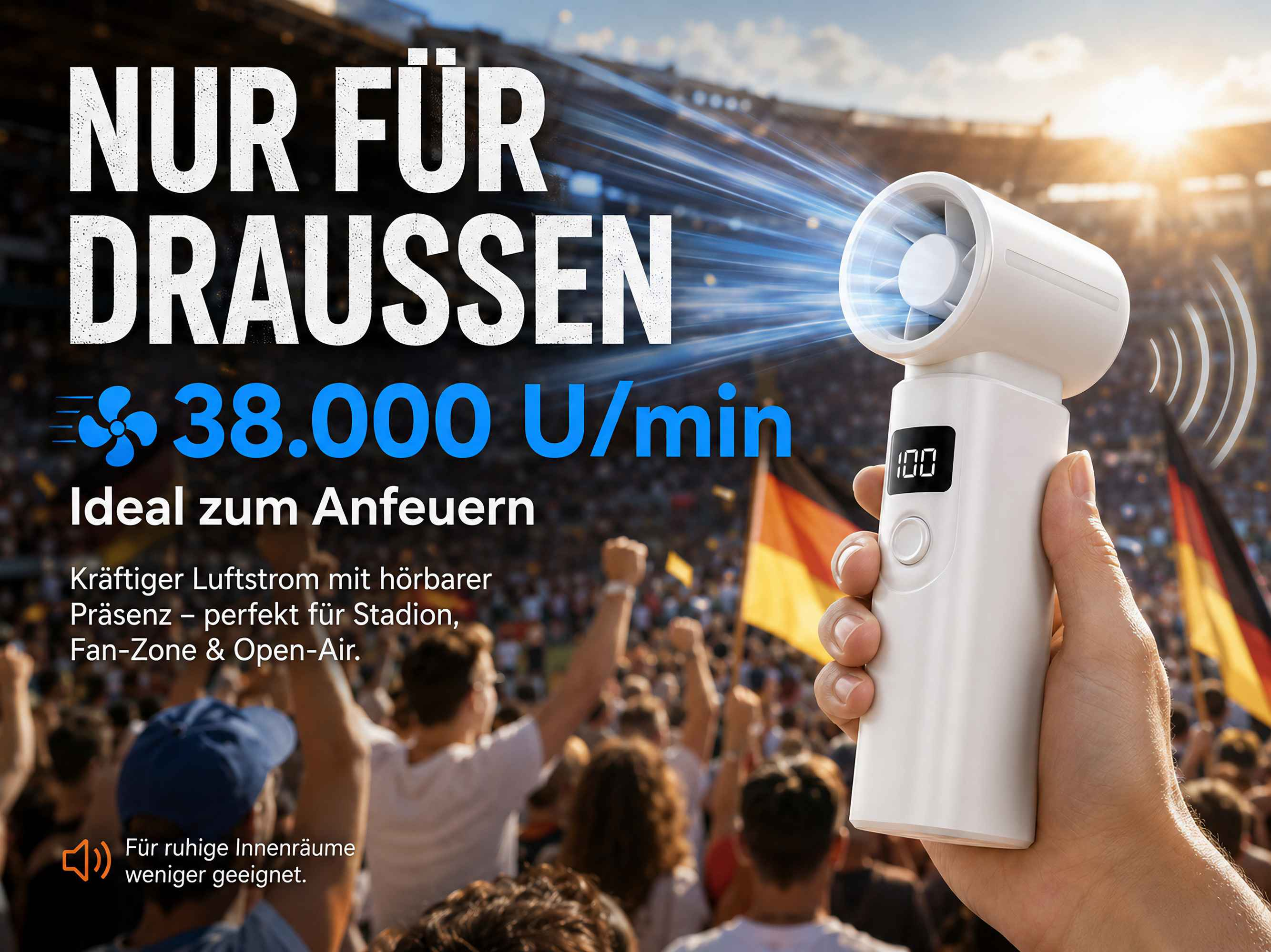 Ein weißer Ventilator mit Display in der Hand vor einem Stadionpublikum mit Fahnen.
