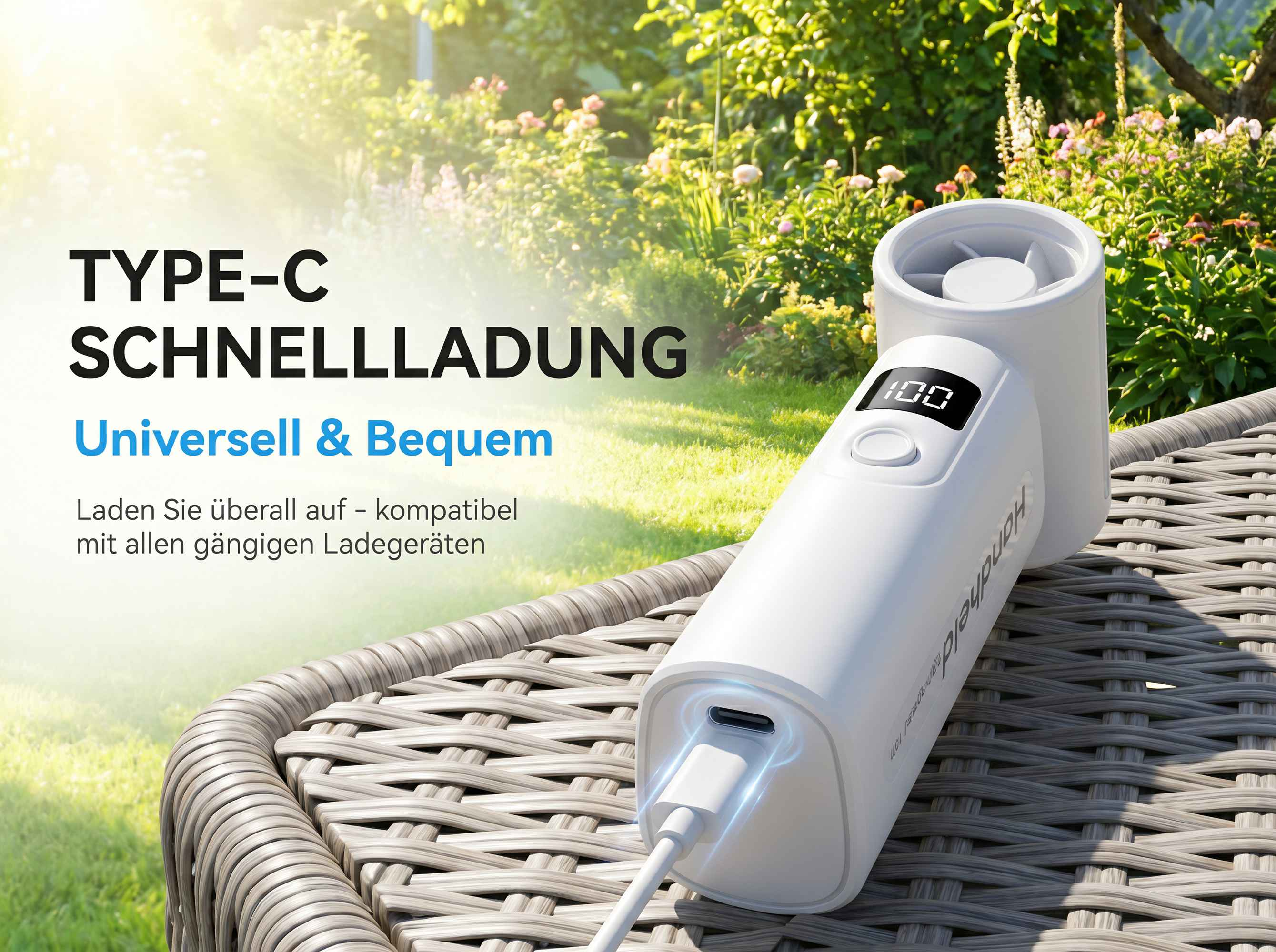 Ein weißes Lade-Handgerät mit Typ-C-Anschluss lädt auf einem Rattantisch im Freien.