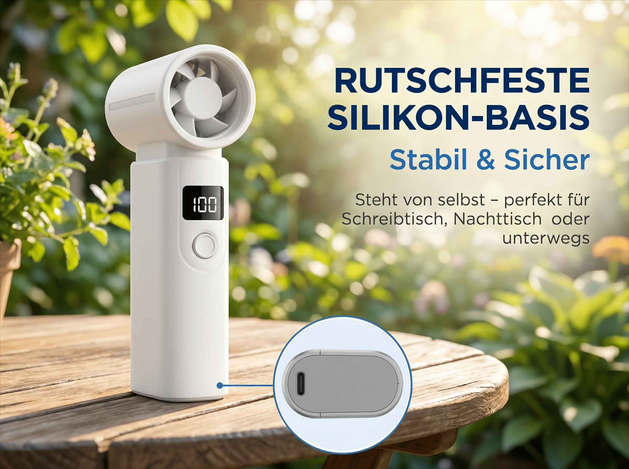 Ein weißer Ventilator mit LCD-Display und USB-C-Anschluss steht auf einem Holztisch.