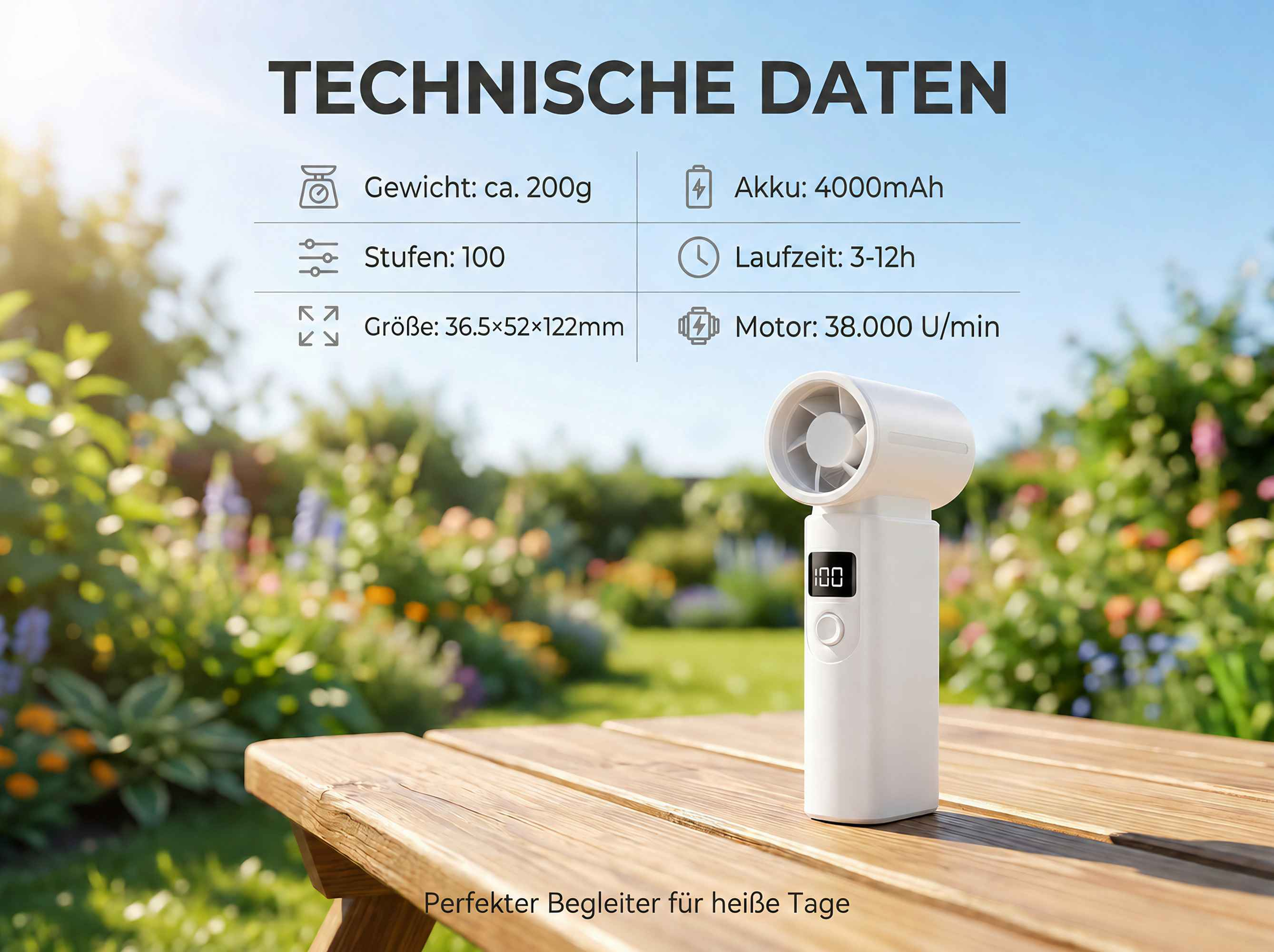 Weißer tragbarer Ventilator auf Holztisch, mit technischen Daten & Garten.