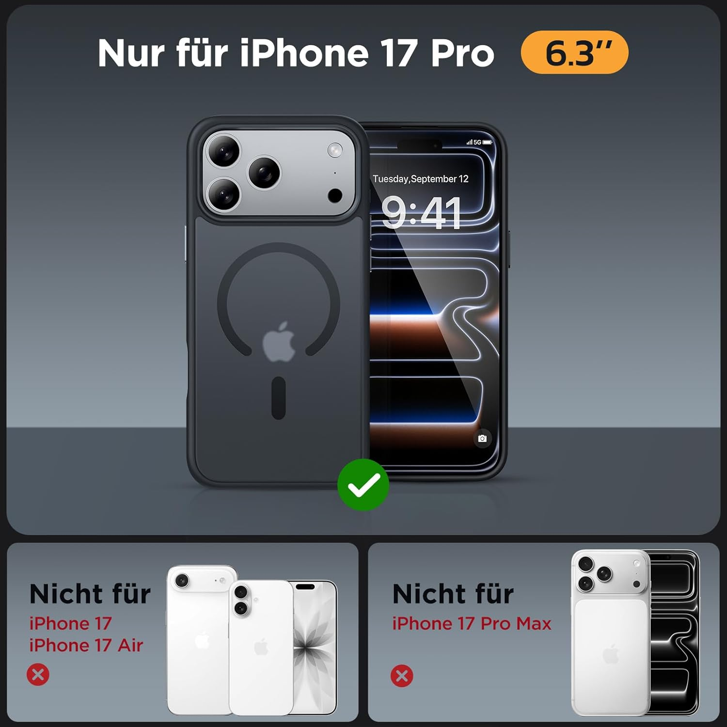 Dunkle Hülle für 6,3" iPhone 17 Pro mit Apple-Logo. Nicht für iPhone 17/Air oder Pro Max.