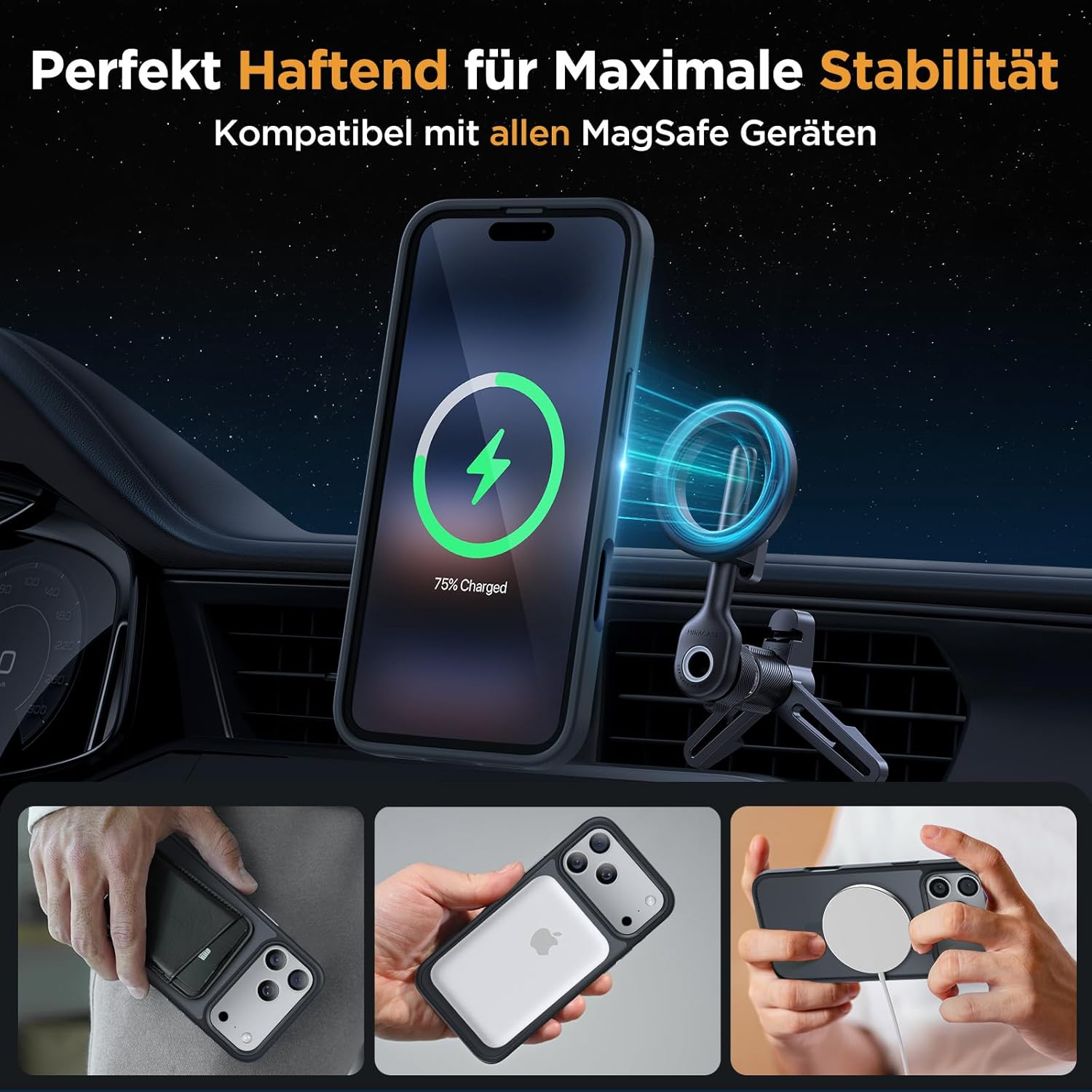 Ein iPhone mit MagSafe-Halterung im Auto, das 75% geladen ist.