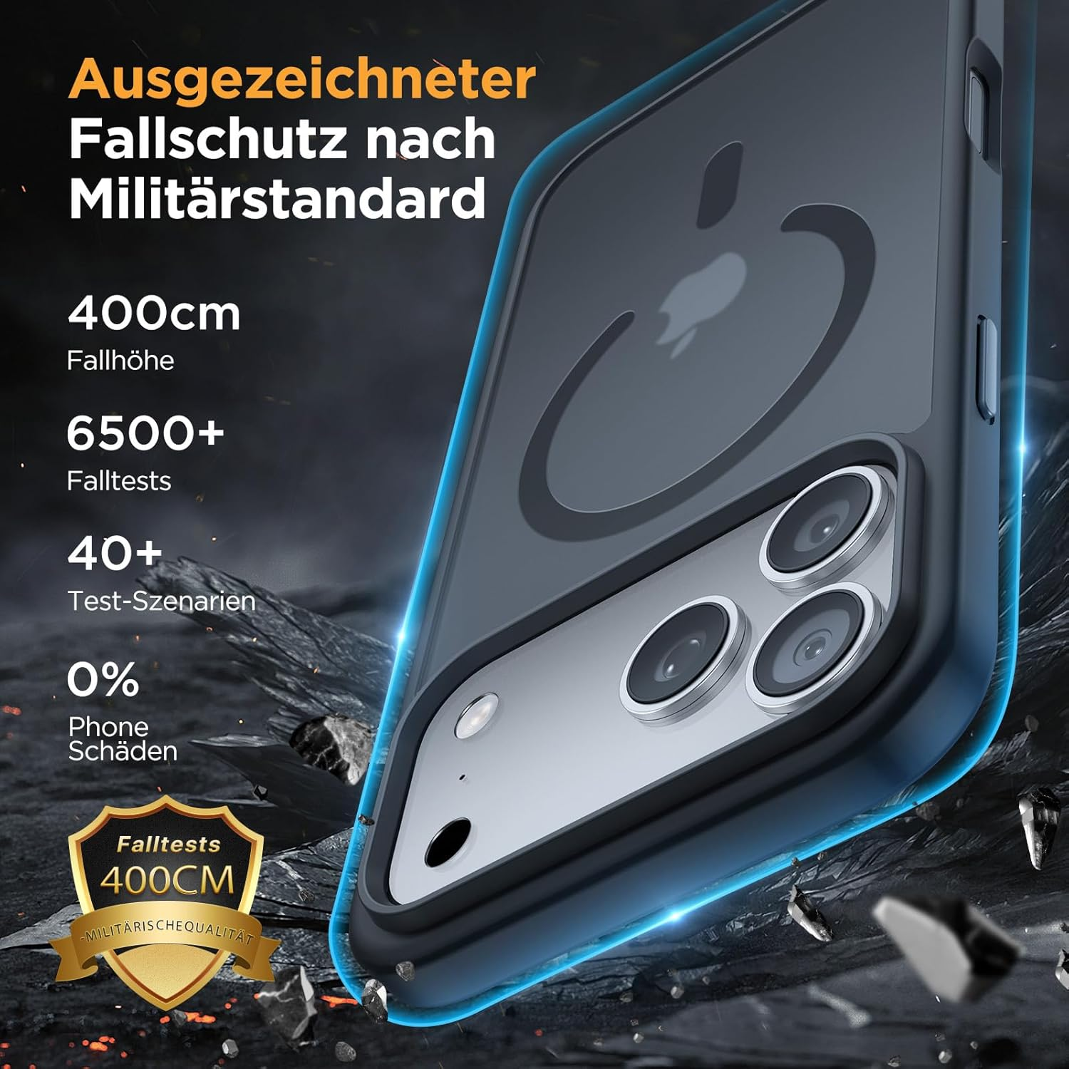 Handyhülle mit militärtauglichem Fallschutz, getestet für 400cm Höhe.