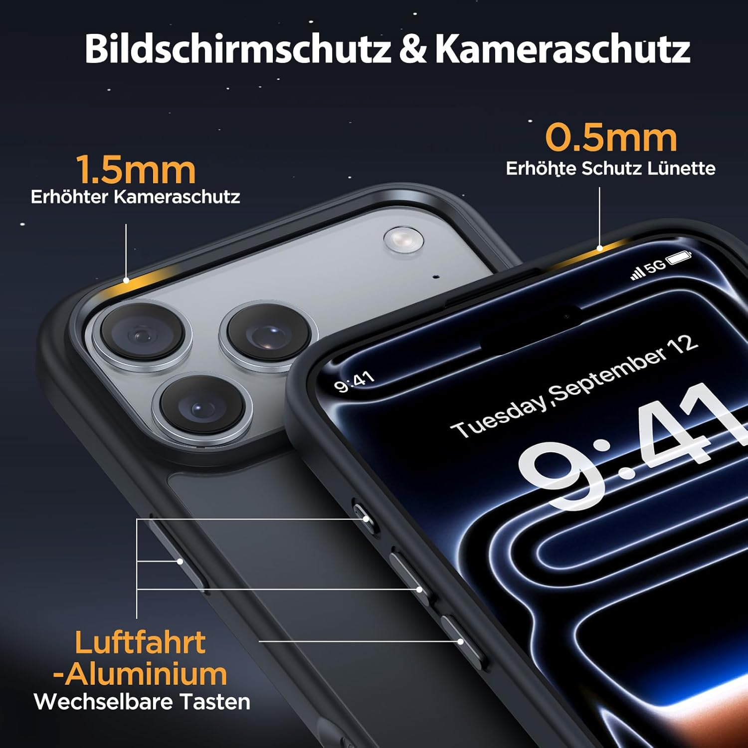 Schutz für Bildschirm und Kamera: 1.5mm erhöhter Kameraschutz, 0.5mm erhöhte Lünette.