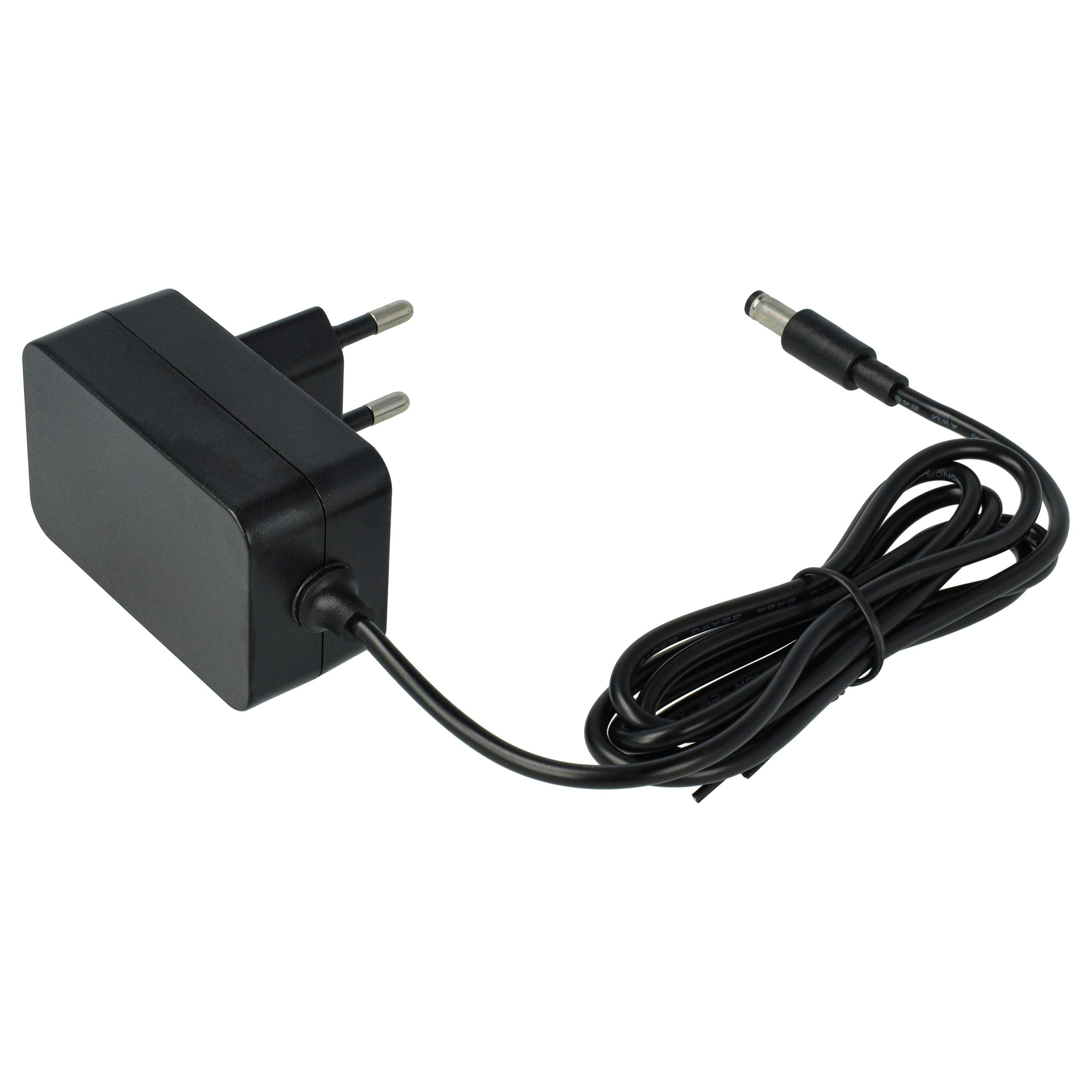 Schwarzer Netzstecker mit Kabel und rundem Stecker.