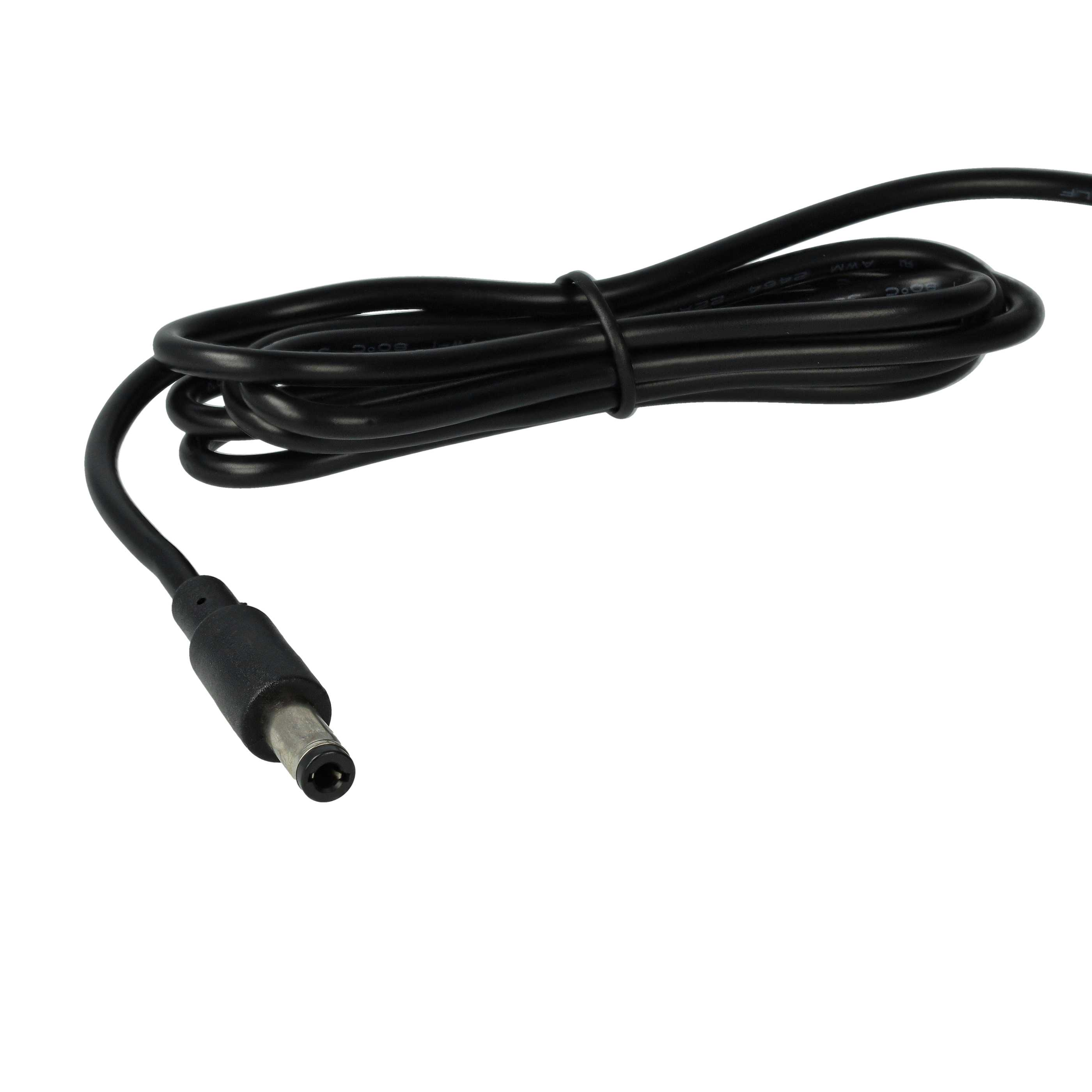 Ein schwarzes Kabel mit einem runden Stecker liegt auf weißem Hintergrund.