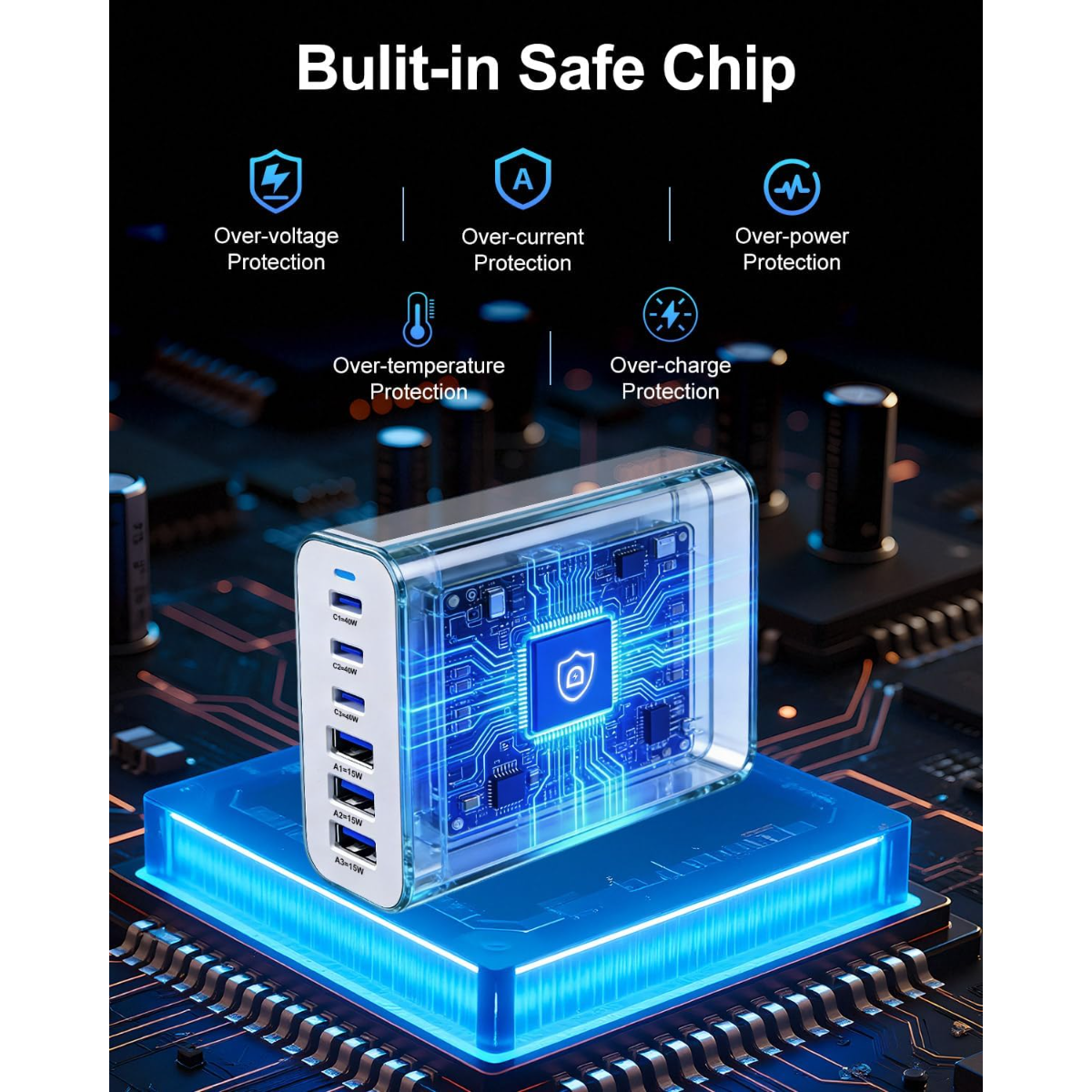 Ladegerät mit integriertem Chip, das Überlade-, Überstrom-, Überspannungs- und Übertemperaturschutz bietet.