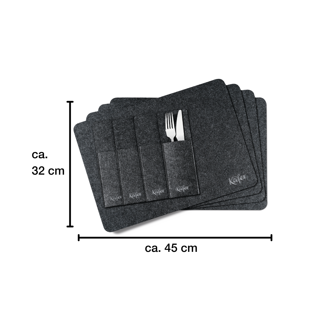 Graue Filz-Platzsets mit Taschen, Maße 45x32cm.
