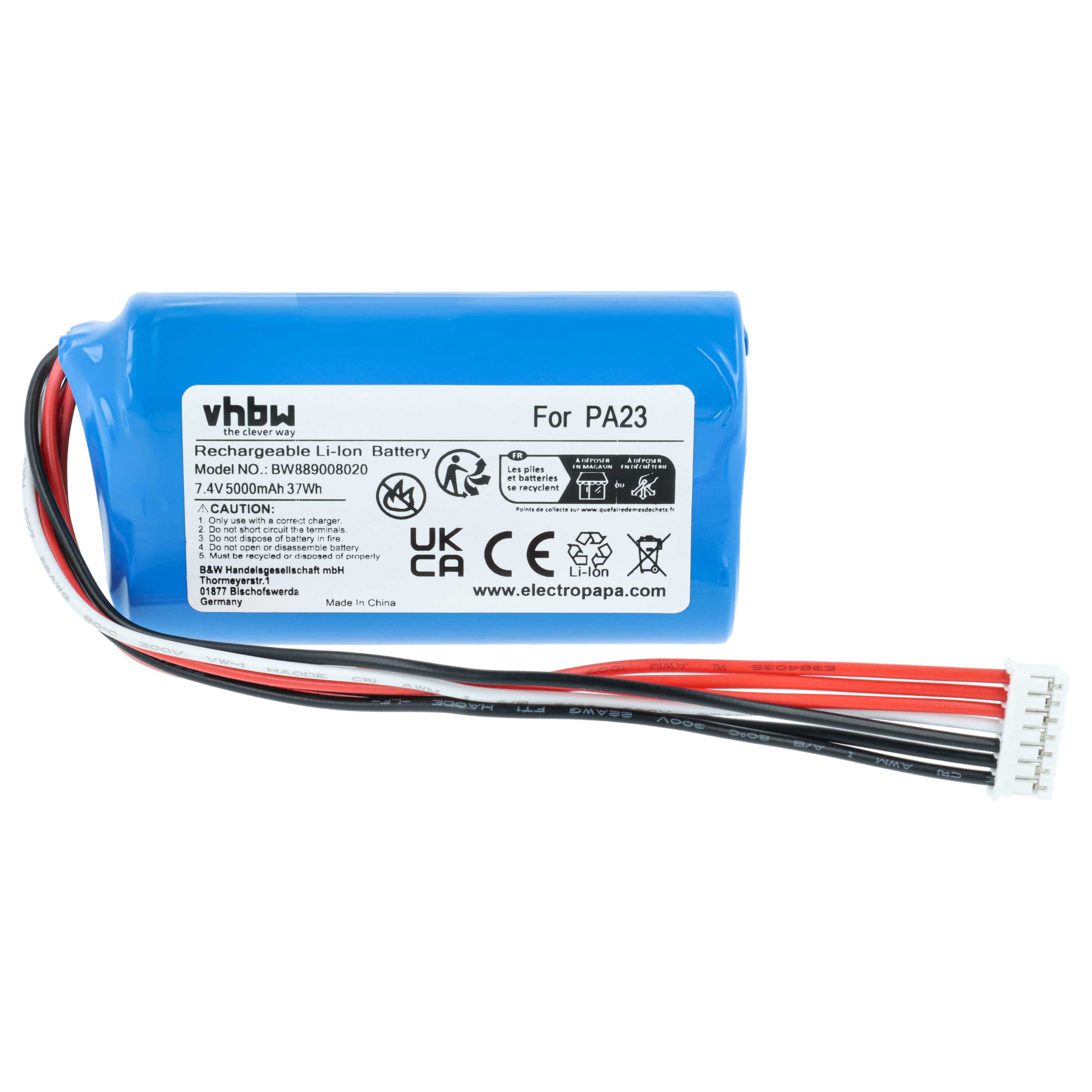 Blauer Li-Ion Akku für PA23 mit Kabeln und Anschlusstecker. 7.4V, 5000mAh.