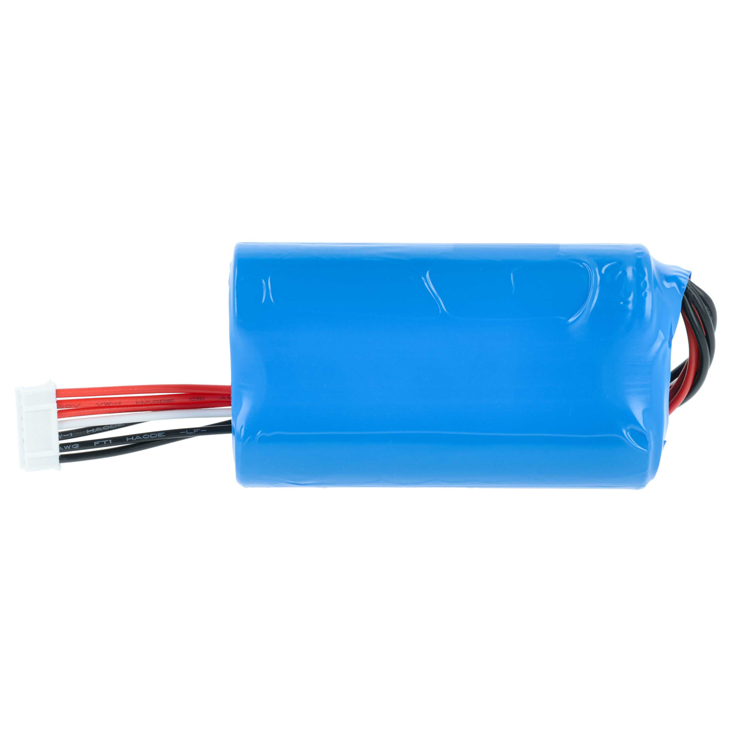 Ein blaues Akkupack mit schwarzen und roten Kabeln und einem weißen Stecker.