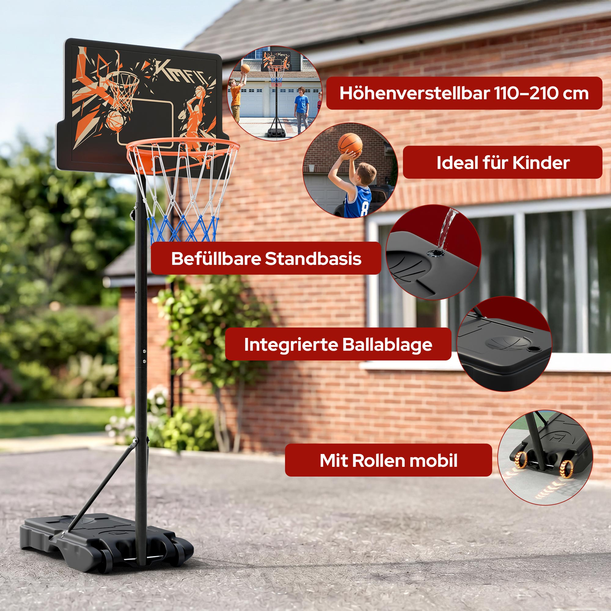 Ein Basketballkorb mit verstellbarer Höhe, ideal für Kinder, mit Rädern.